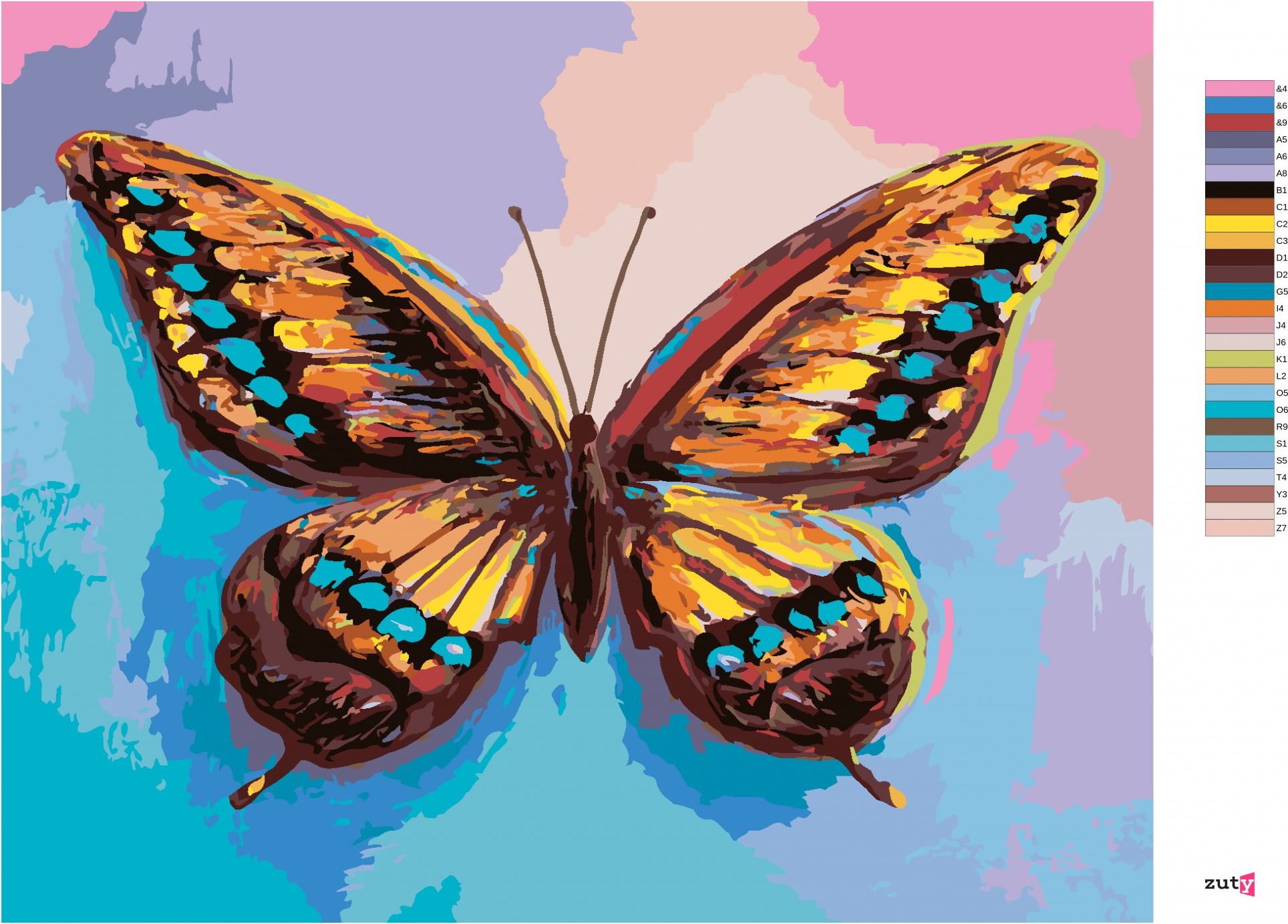 zuty Malování podle čísel - BAREVNÝ MOTÝL NA RŮŽOVOMODRÉM POZADÍ - Rozměr: 40x50 cm, Rámování: Varianta: vypnuté plátno na rám - obrázek 2