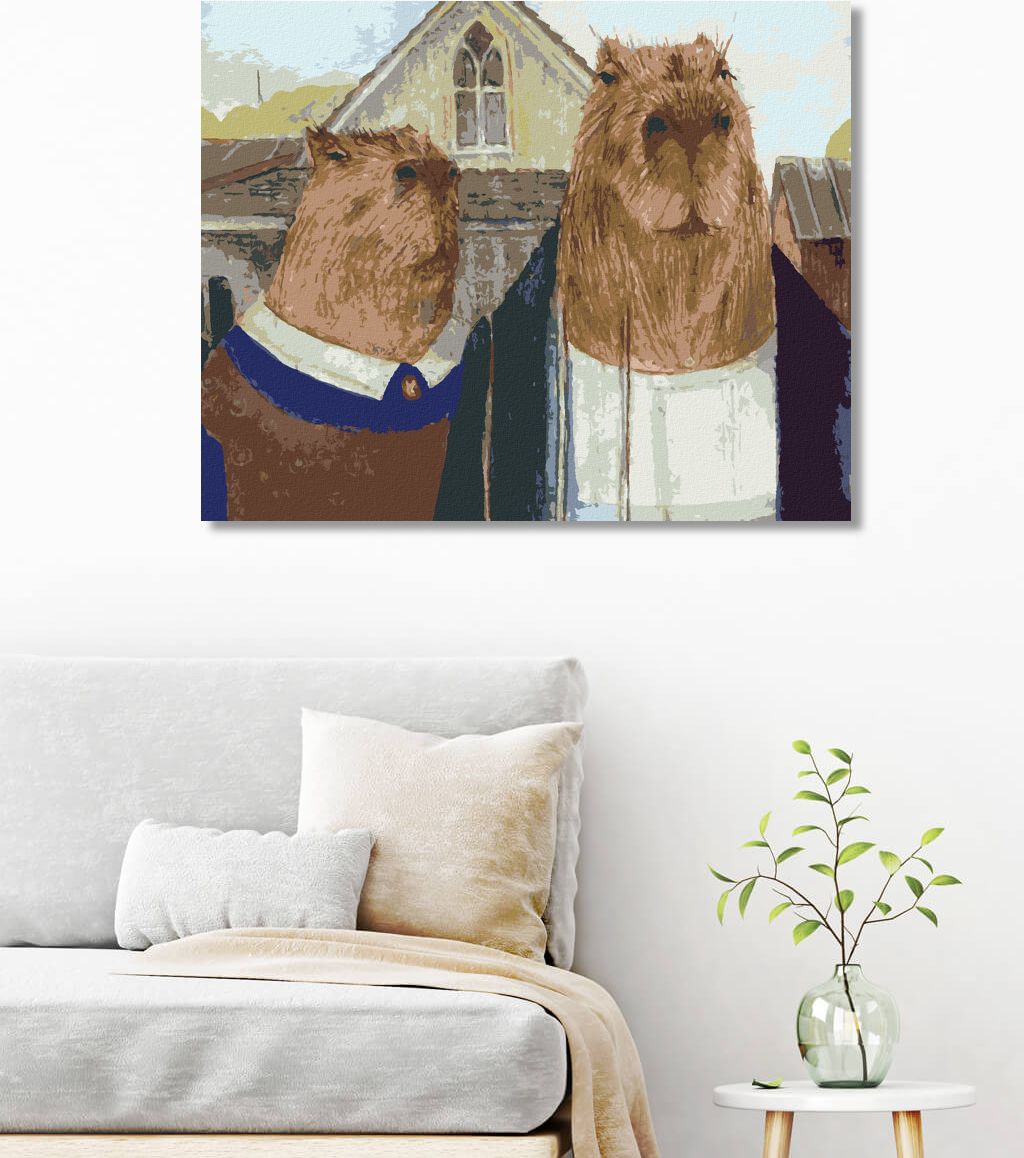 zuty Malování podle čísel - KAPYBARY AMERICKÁ GOTIKA - Rozměr: 40x50 cm, Rámování: Varianta: vypnuté plátno na rám - obrázek 3