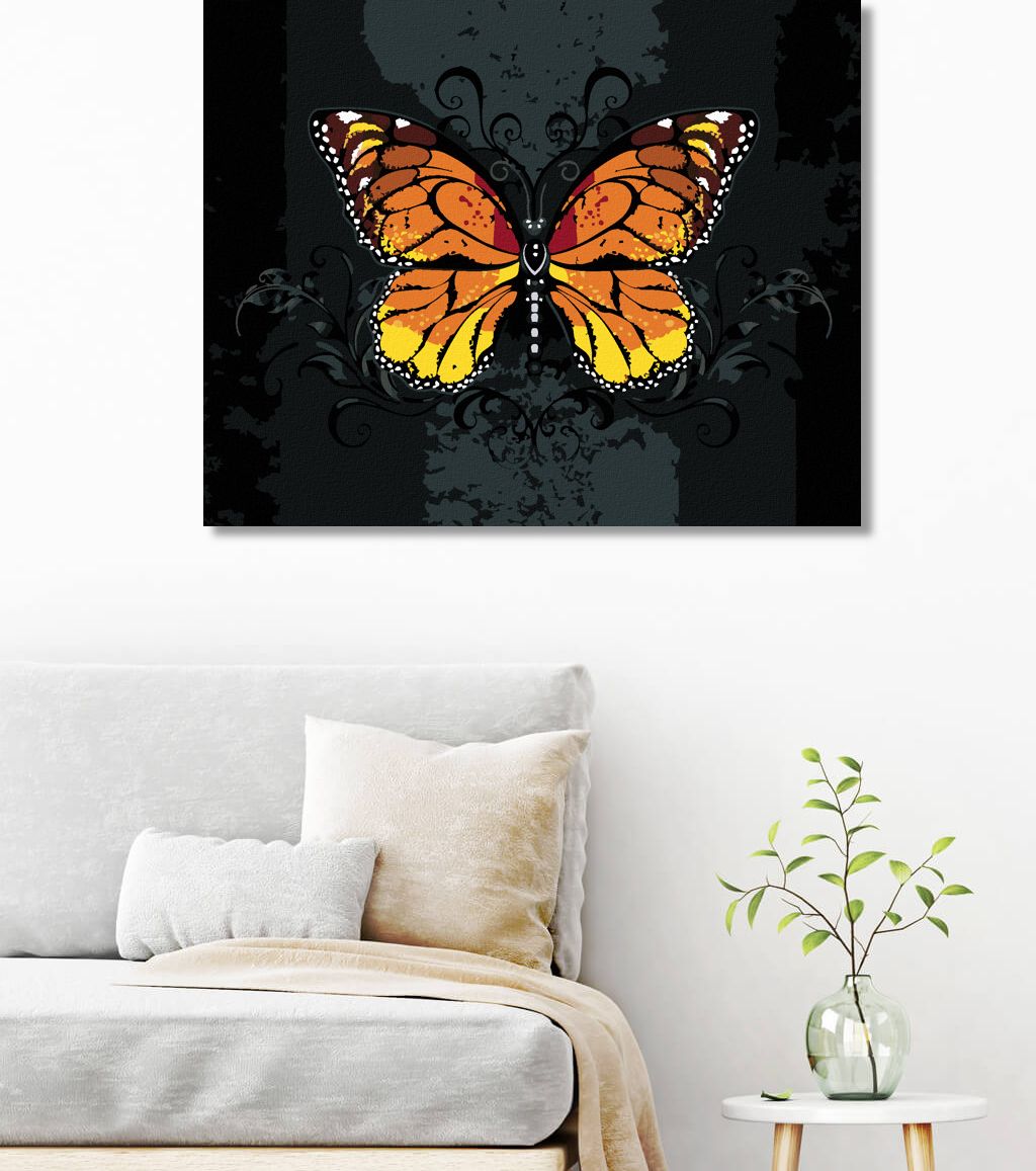 zuty Malování podle čísel - ORANŽOVÝ MOTÝL NA ČERNÉM POZADÍ - Rozměr: 40x50 cm, Rámování: Varianta: vypnuté plátno na rám - obrázek 2