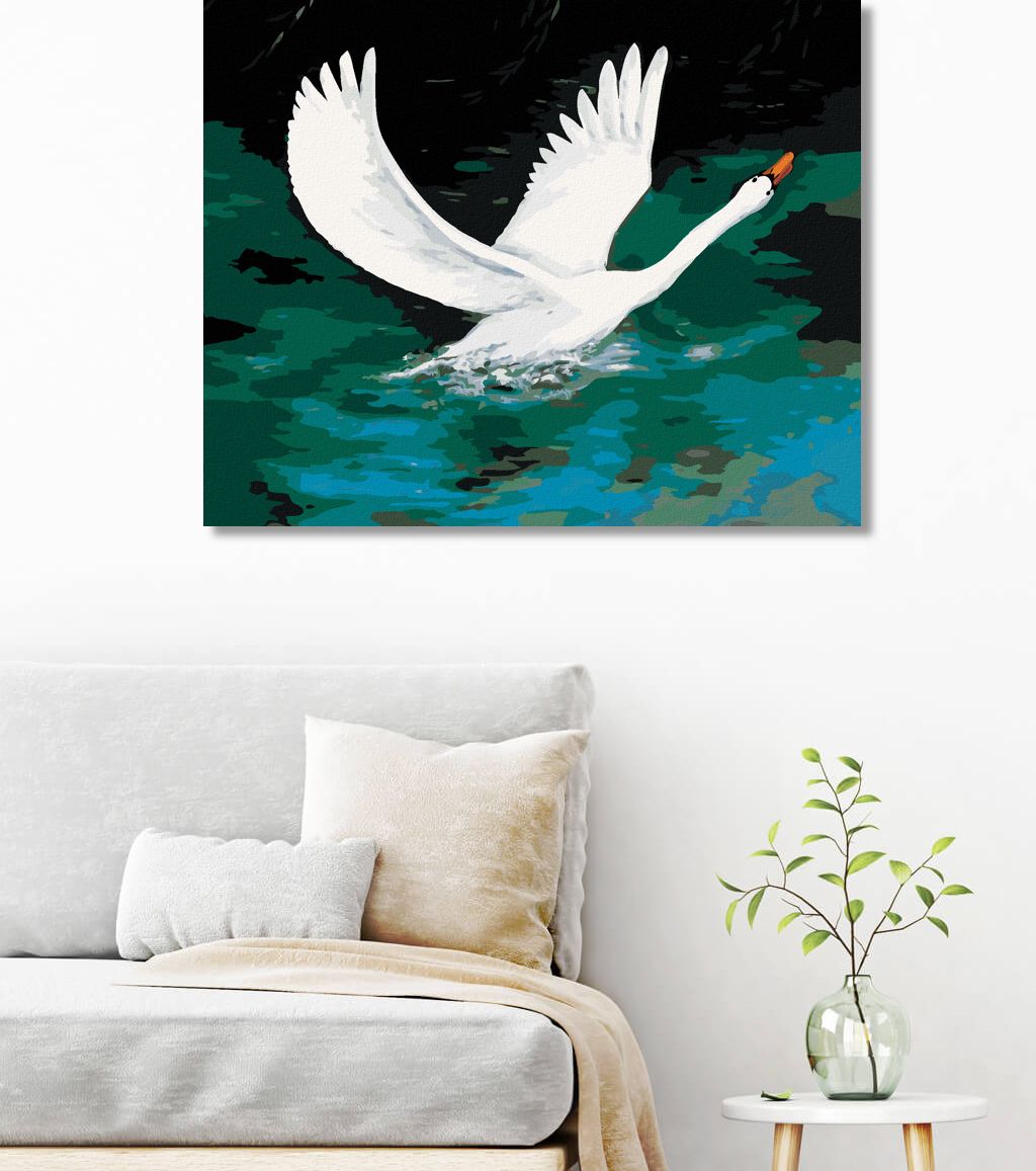 zuty Malování podle čísel - BÍLÁ LABUŤ NA ČERNÉM JEZEŘE - Rozměr: 40x50 cm, Rámování: Varianta: vypnuté plátno na rám - obrázek 2