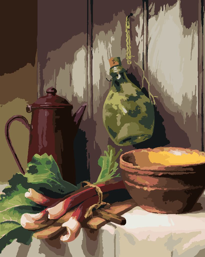 zuty Malování podle čísel - ZÁTIŠÍ REBARBORA, KONVICE, MÍSA A SKLENĚNÁ LÁHEV (PIETER WAGEMANS) - Rozměr: 40x50 cm, Rámování: Varianta: vypnuté plátno na rám - obrázek 5