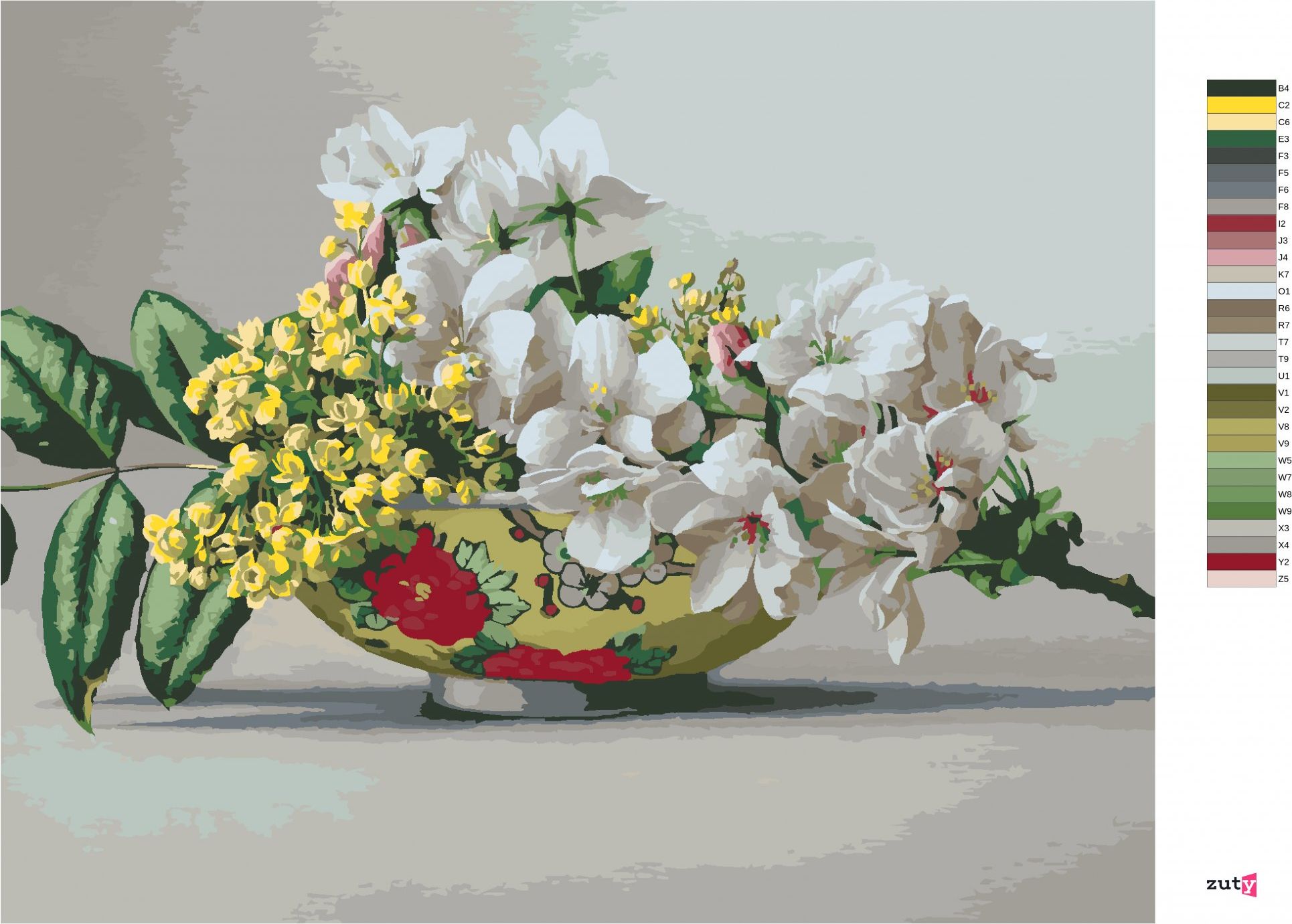 zuty Malování podle čísel - ZÁTIŠÍ KVETOUCÍ JABLOŇ A SMILEK HUMBOLDTŮV V MALOVANÉ VÁZE (PIETER WAGEMANS) - Rozměr: 40x50 cm, Rámování: Varianta: vypnuté plátno na rám - obrázek 4