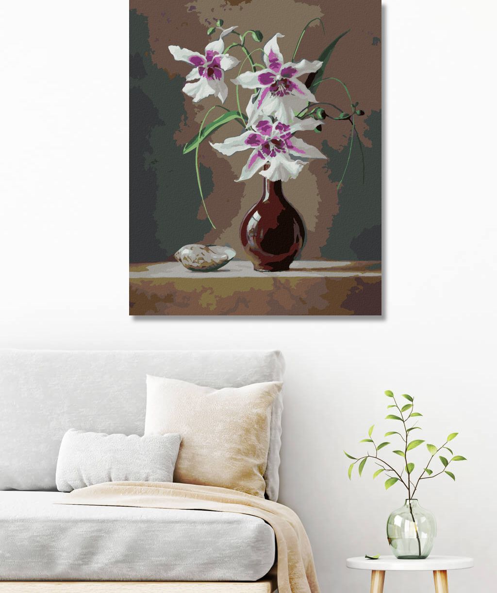 zuty Malování podle čísel - ZÁTIŠÍ ORCHIDEJ V ČERVENÉ VÁZE A MUŠLE (PIETER WAGEMANS) - Rozměr: 40x50 cm, Rámování: Varianta: bez rámu a bez vypnutí plátna - obrázek 20