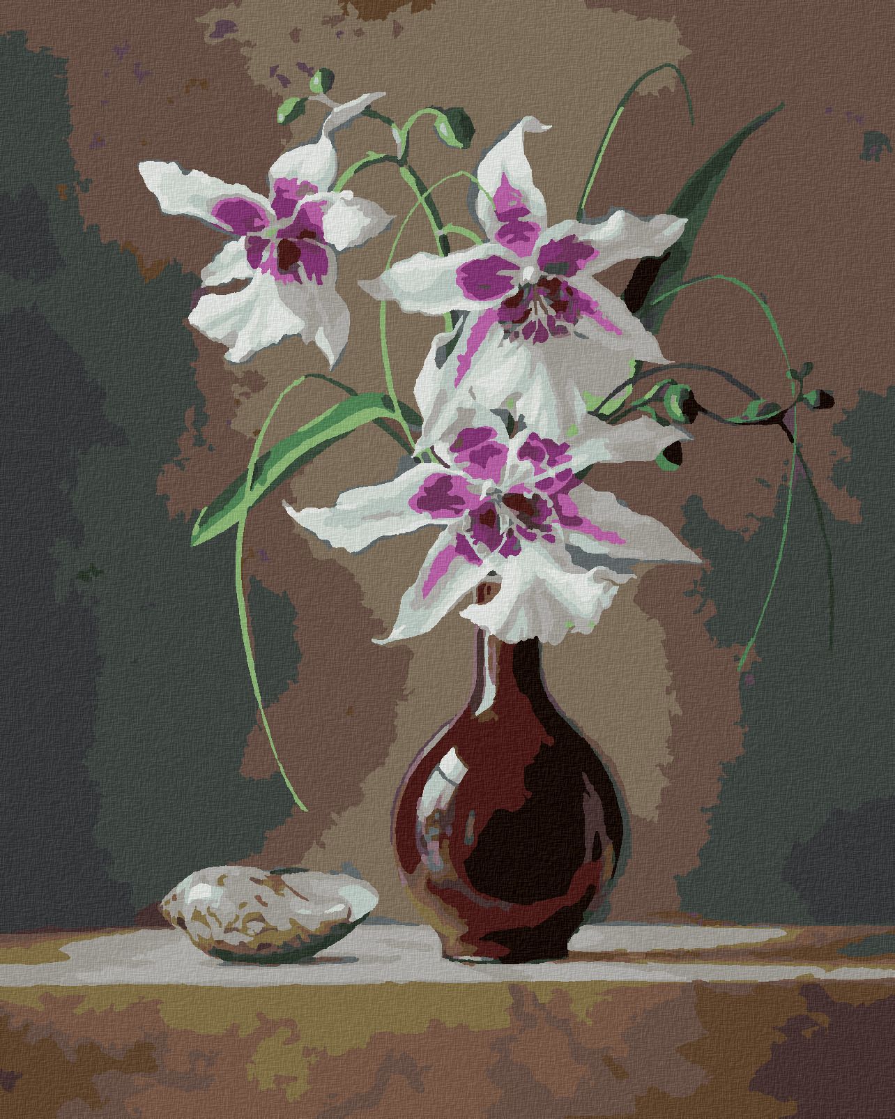 zuty Malování podle čísel - ZÁTIŠÍ ORCHIDEJ V ČERVENÉ VÁZE A MUŠLE (PIETER WAGEMANS) - Rozměr: 40x50 cm, Rámování: Varianta: vypnuté plátno na rám - obrázek 1