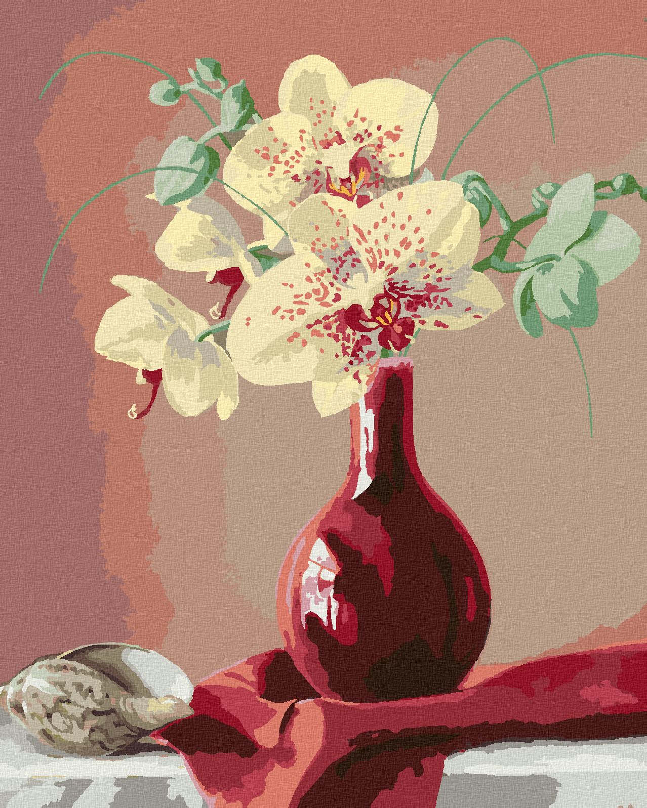 zuty Malování podle čísel - ZÁTIŠÍ ORCHIDEJ V ČERVENÉ VÁZE A MUŠLE (PIETER WAGEMANS) - Rozměr: 40x50 cm, Rámování: Varianta: vypnuté plátno na rám - obrázek 2