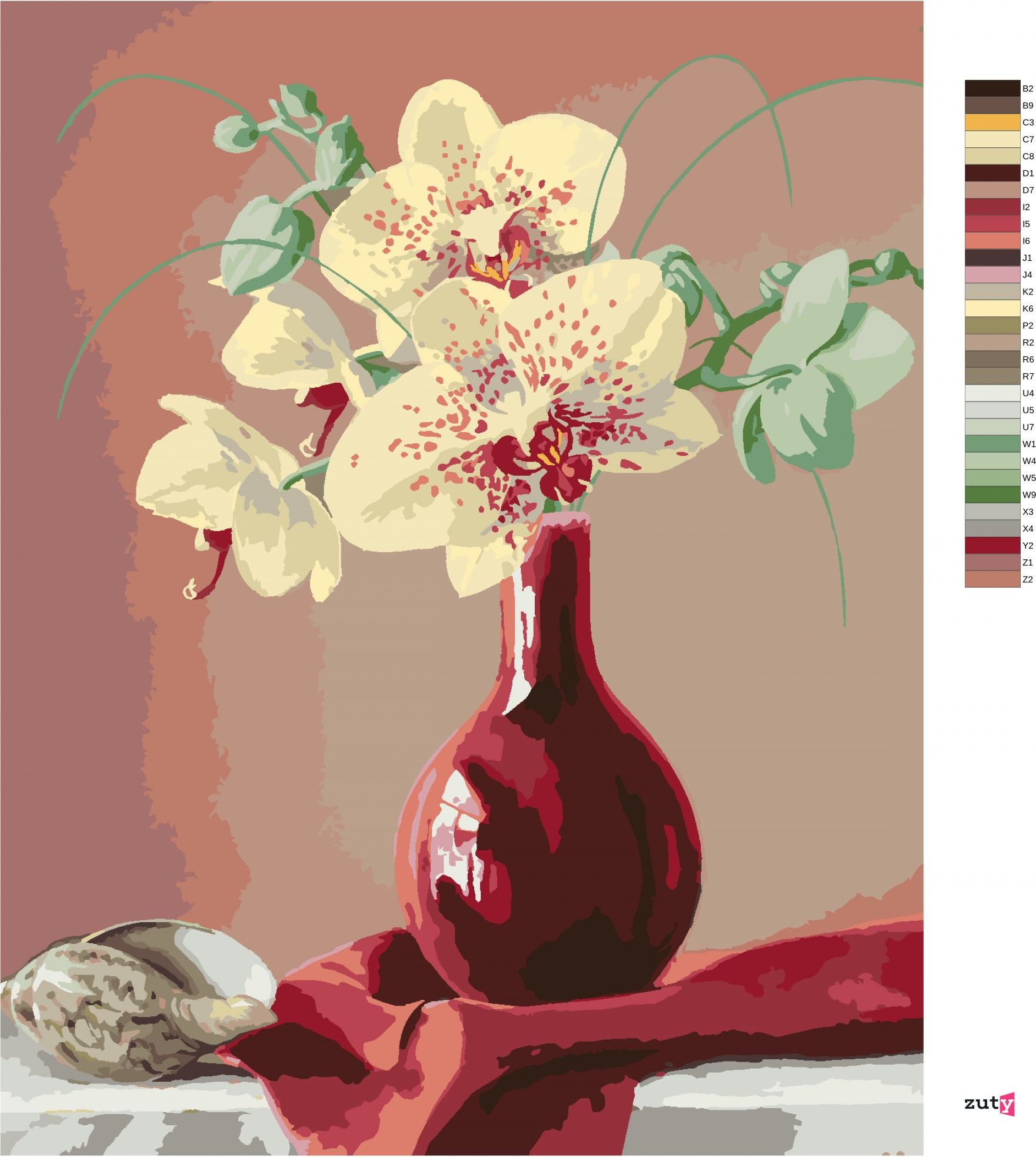 zuty Malování podle čísel - ZÁTIŠÍ ORCHIDEJ V ČERVENÉ VÁZE A MUŠLE (PIETER WAGEMANS) - Rozměr: 40x50 cm, Rámování: Varianta: vypnuté plátno na rám - obrázek 17