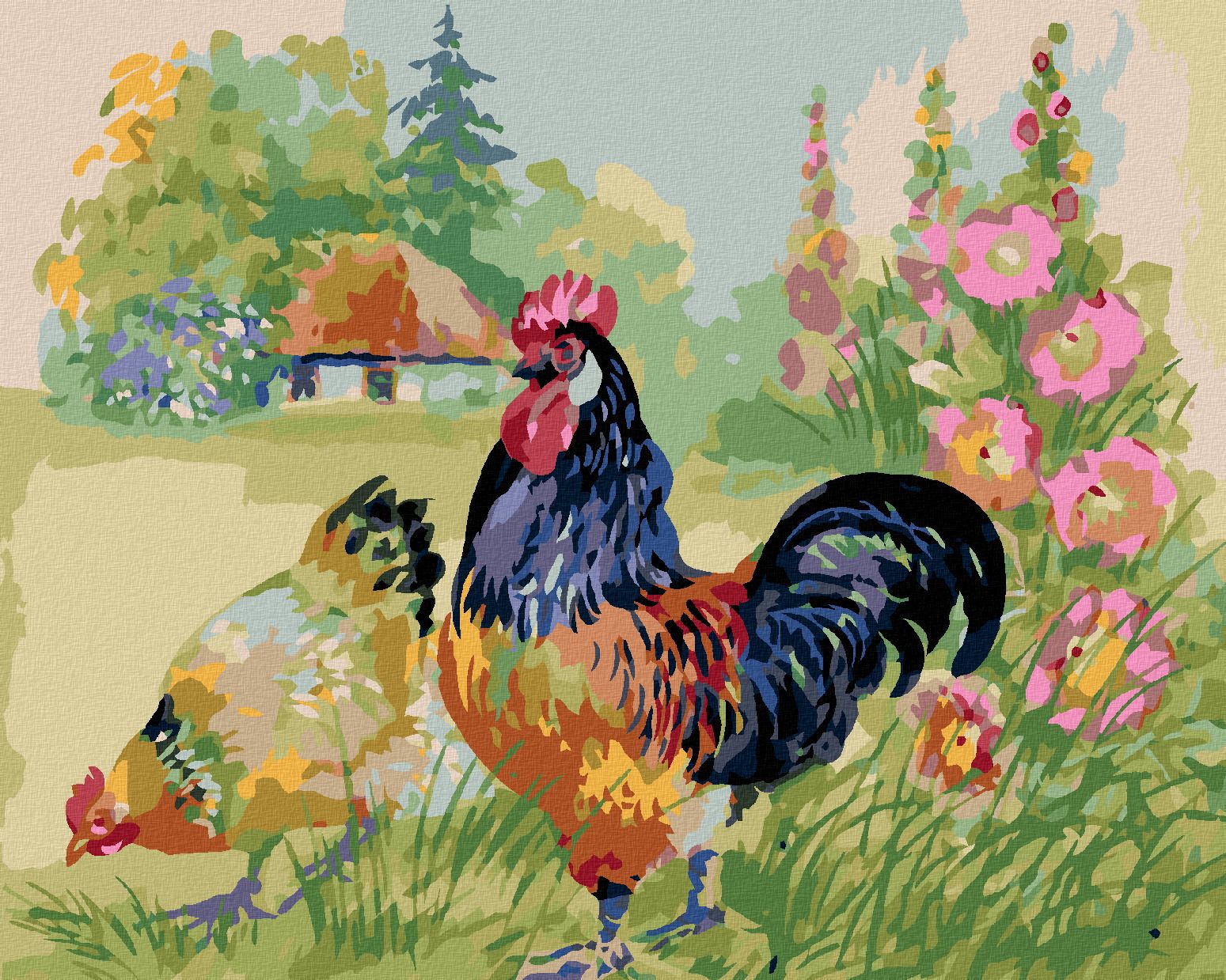 zuty Malování podle čísel - KOHOUT SE SLEPICÍ OBKLOPENI KVĚTINAMI - Rozměr: 40x50 cm, Rámování: Varianta: vypnuté plátno na rám - obrázek 1