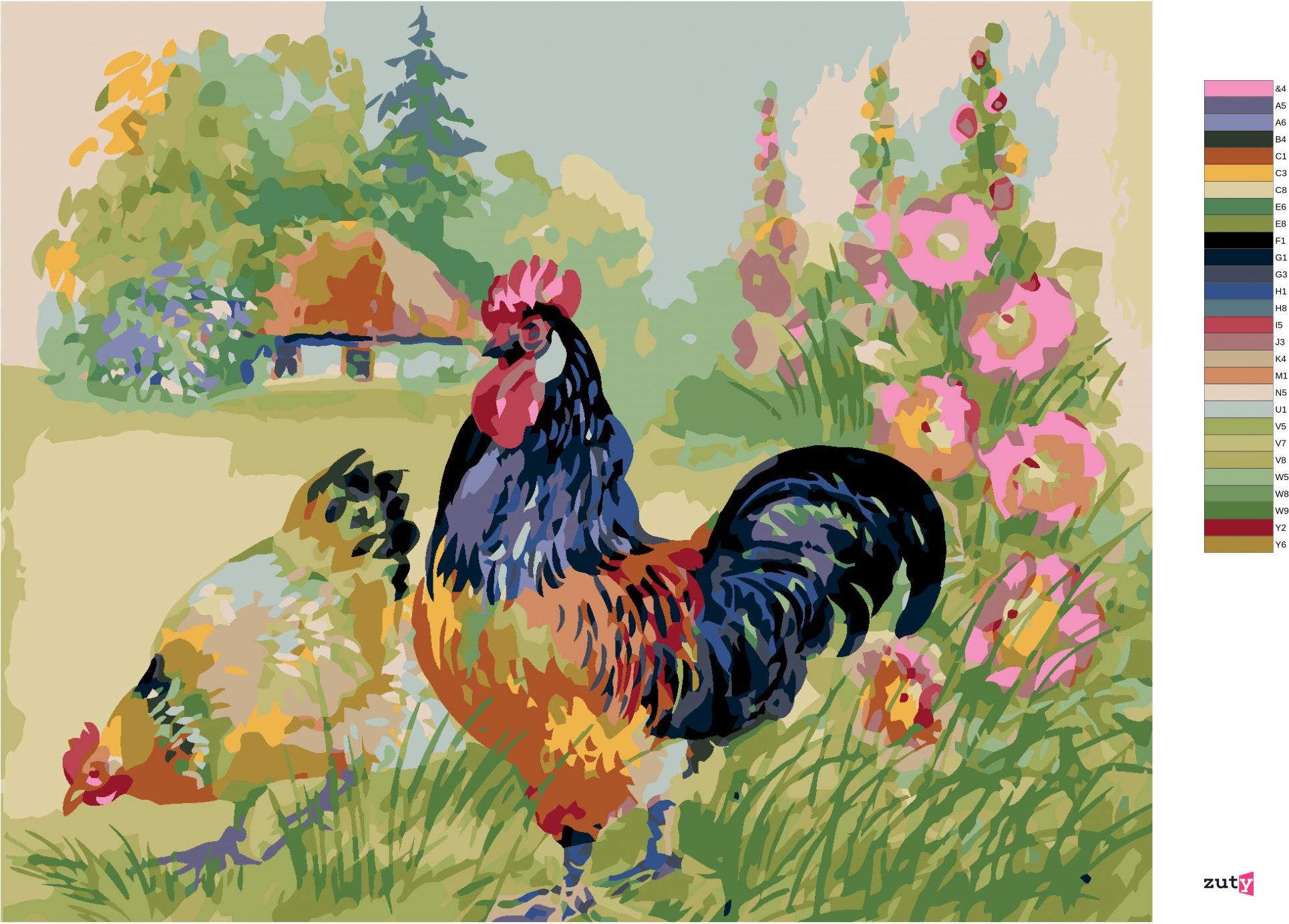 zuty Malování podle čísel - KOHOUT SE SLEPICÍ OBKLOPENI KVĚTINAMI - Rozměr: 40x50 cm, Rámování: Varianta: vypnuté plátno na rám - obrázek 2