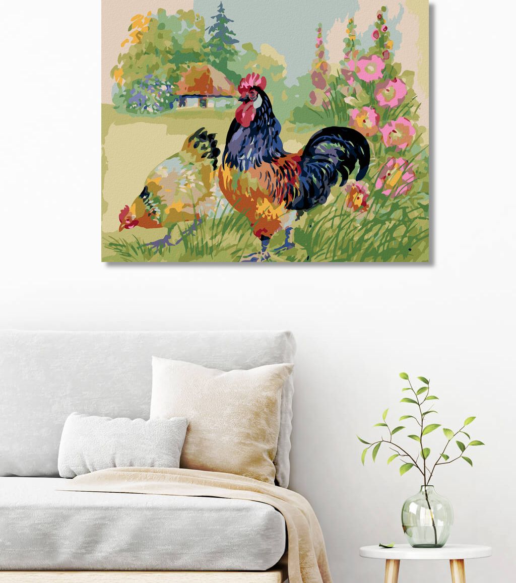 zuty Malování podle čísel - KOHOUT SE SLEPICÍ OBKLOPENI KVĚTINAMI - Rozměr: 40x50 cm, Rámování: Varianta: vypnuté plátno na rám - obrázek 8