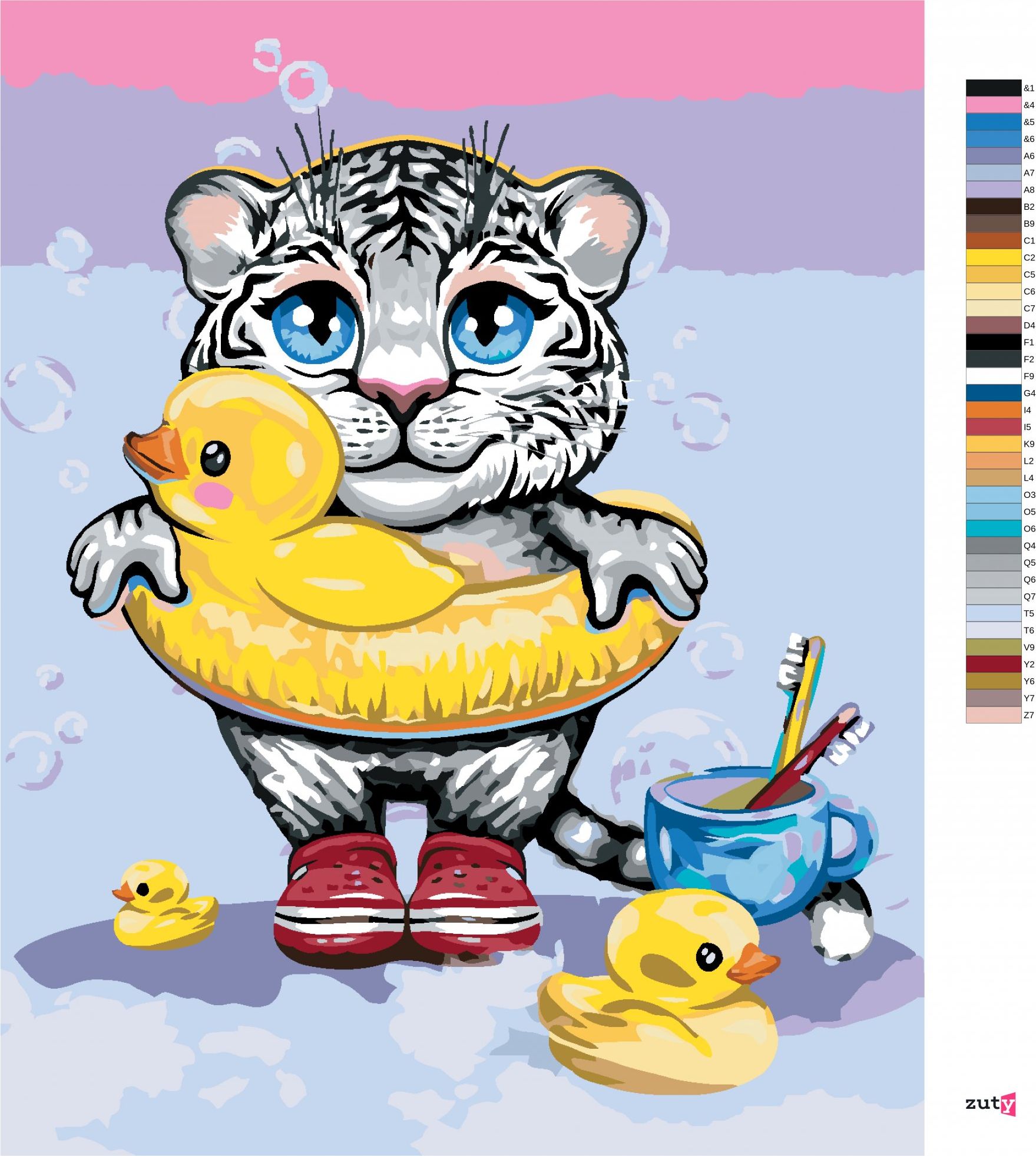 zuty Malování podle čísel - BÍLÝ TYGŘÍK S KAČENKAMI - Rozměr: 40x50 cm, Rámování: Varianta: bez rámu a bez vypnutí plátna - obrázek 2