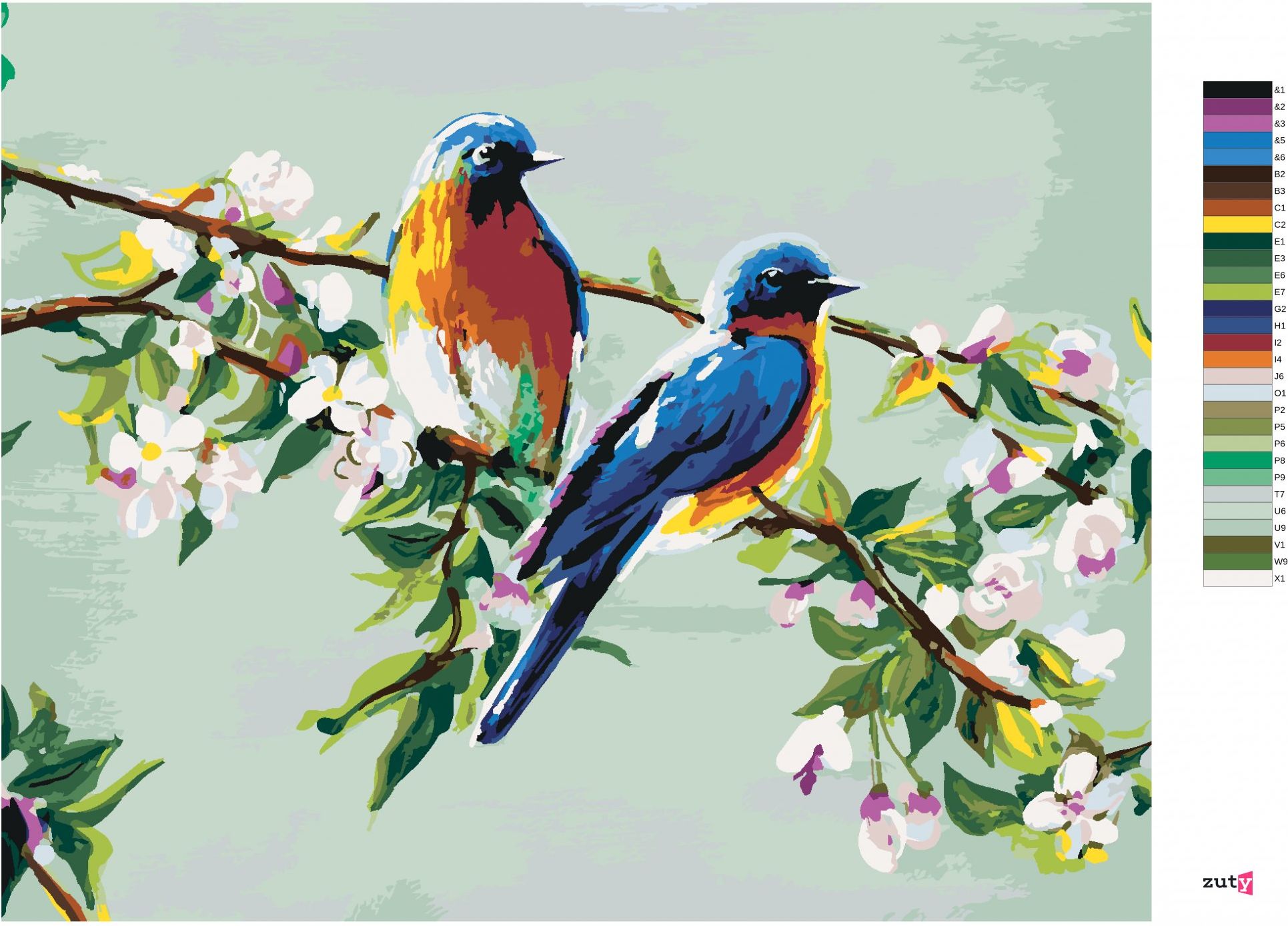 zuty Malování podle čísel - DVA PTÁČCI NA JABLOŇI - Rozměr: 40x50 cm, Rámování: Varianta: bez rámu a bez vypnutí plátna - obrázek 3