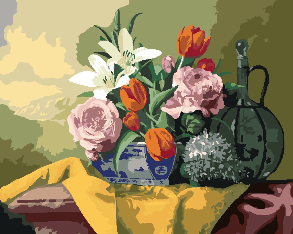 zuty Malování podle čísel - ZÁTIŠÍ TULIPÁNY, LILIE, HORTENZIE A RŮŽE NA ŽLUTÉM UBRUSU (PIETER WAGEMANS) - Rozměr: 40x50 cm, Rámování: Varianta: bez rámu a bez vypnutí plátna - obrázek 5