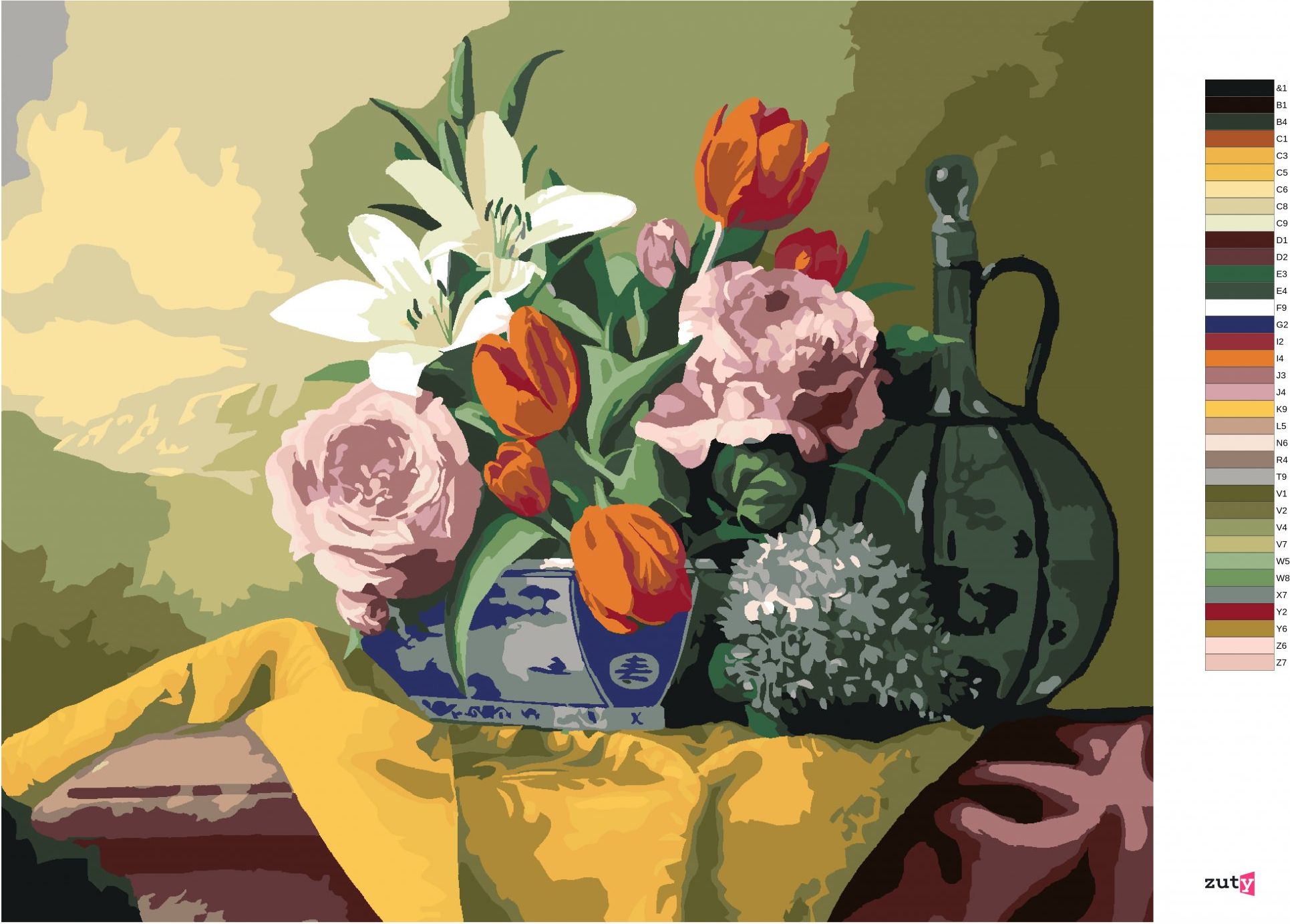 zuty Malování podle čísel - ZÁTIŠÍ TULIPÁNY, LILIE, HORTENZIE A RŮŽE NA ŽLUTÉM UBRUSU (PIETER WAGEMANS) - Rozměr: 40x50 cm, Rámování: Varianta: vypnuté plátno na rám - obrázek 8