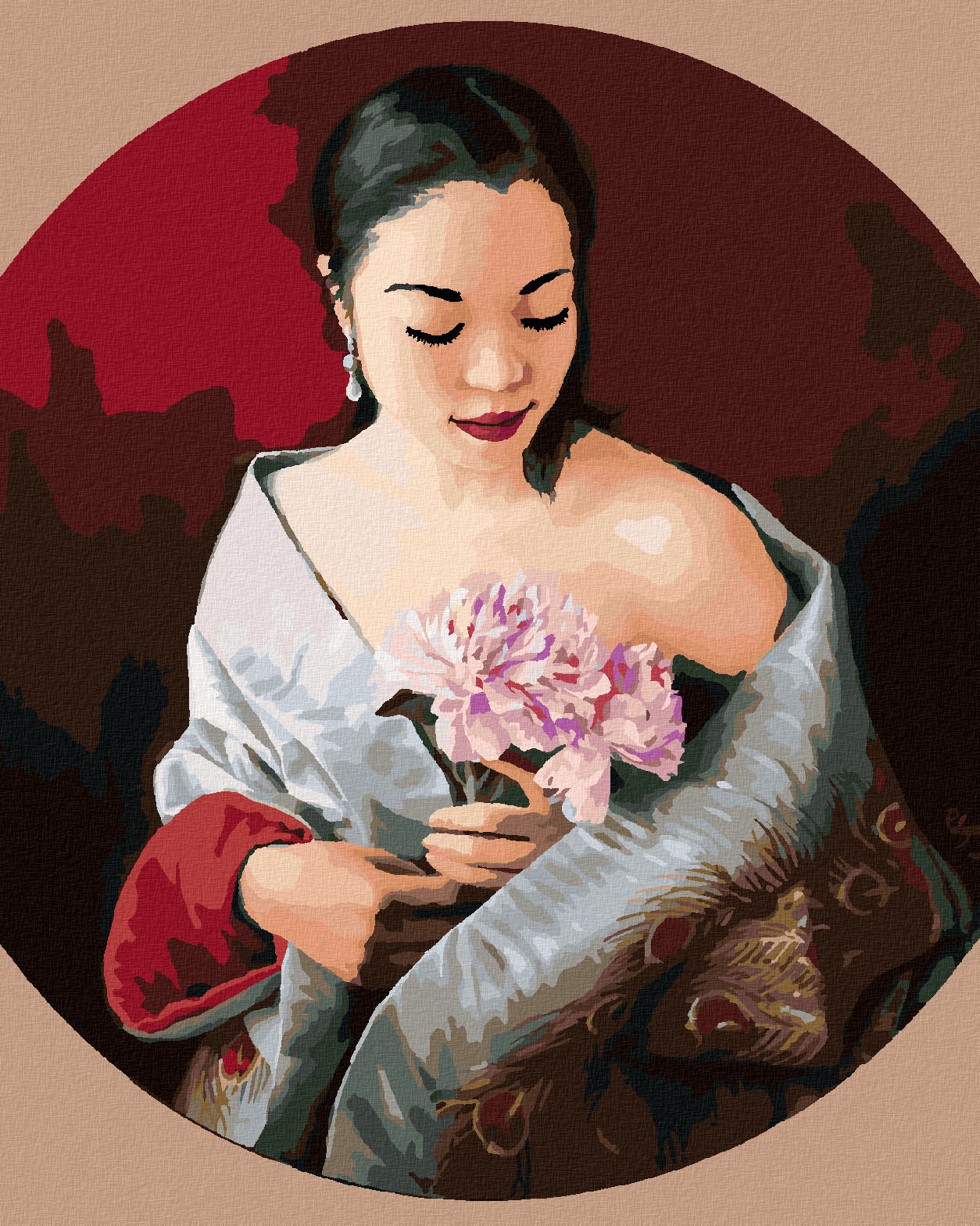 zuty Malování podle čísel - ŽENA V PŘEHOZU S PAVÍM VZOREM A KVĚTINA (PIETER WAGEMANS) - Rozměr: 40x50 cm, Rámování: Varianta: vypnuté plátno na rám - obrázek 1