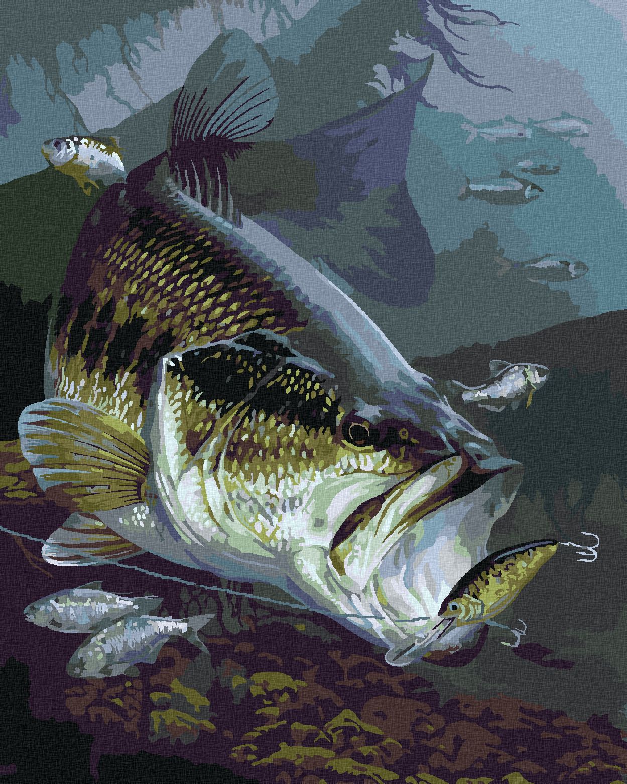 zuty Malování podle čísel - OKOUNEK PSTRUHOVÝ NA HÁČKU (AL AGNEW) - Rozměr: 40x50 cm, Rámování: Varianta: bez rámu a bez vypnutí plátna - obrázek 1