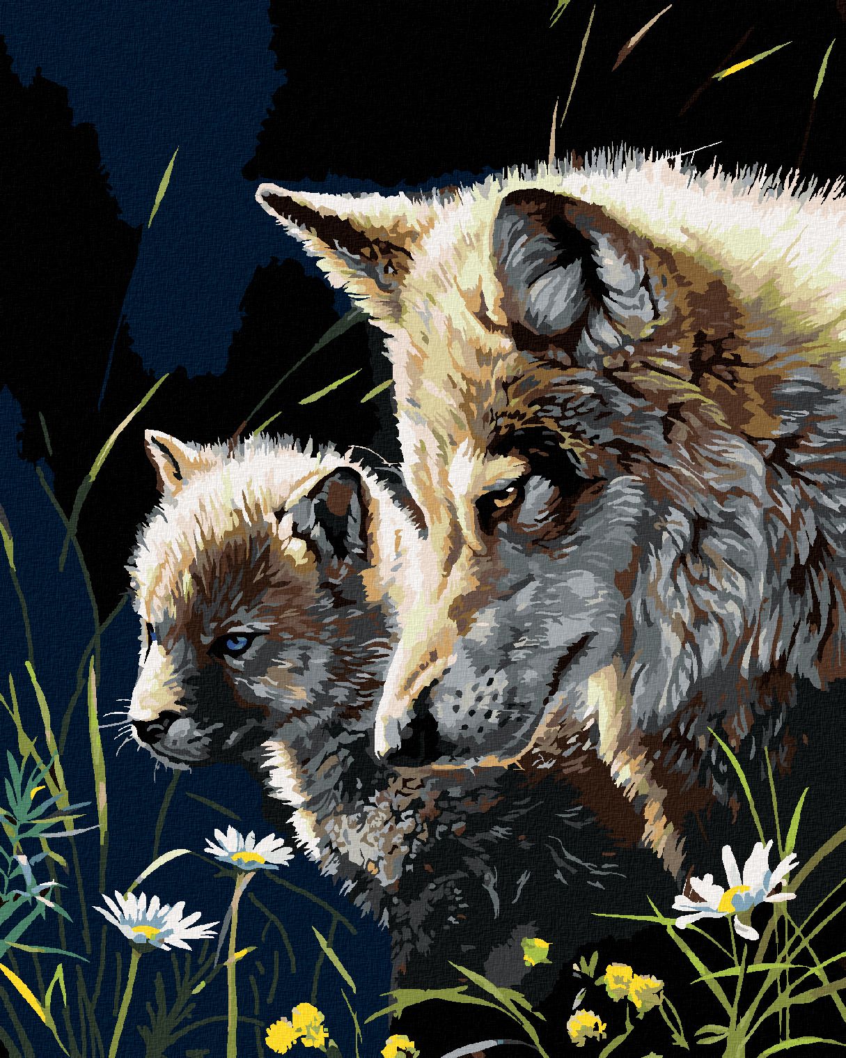 zuty Malování podle čísel - VLK S MLÁDĚTEM A KVÍTÍ (AL AGNEW) - Rozměr: 40x50 cm, Rámování: Varianta: vypnuté plátno na rám - obrázek 1