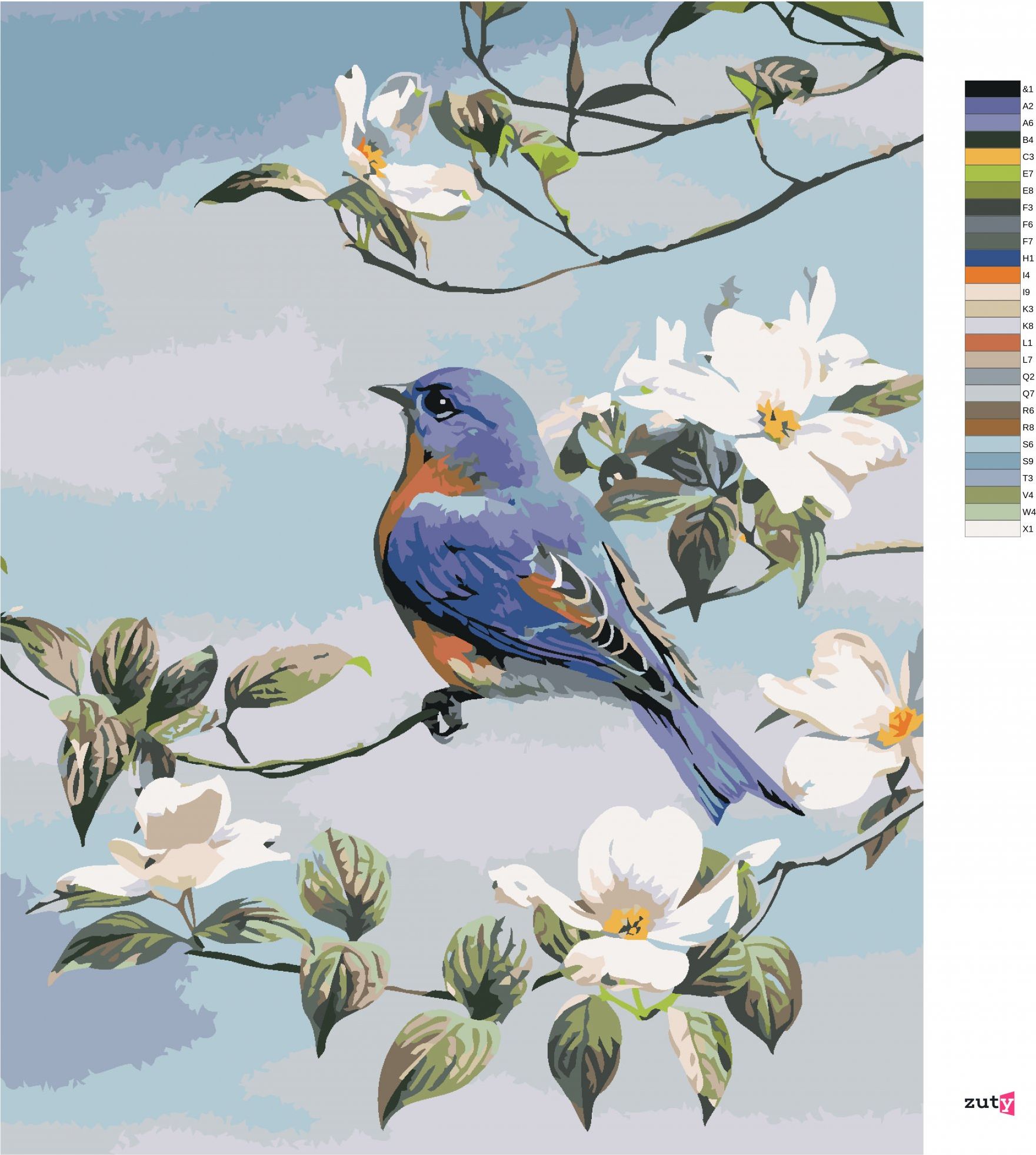 zuty Malování podle čísel - MODRÝ PTÁK NA VĚTVI A BÍLÉ KVĚTY (AL AGNEW) - Rozměr: 40x50 cm, Rámování: Varianta: vypnuté plátno na rám - obrázek 5