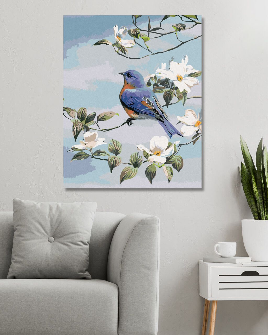 zuty Malování podle čísel - MODRÝ PTÁK NA VĚTVI A BÍLÉ KVĚTY (AL AGNEW) - Rozměr: 40x50 cm, Rámování: Varianta: vypnuté plátno na rám - obrázek 7