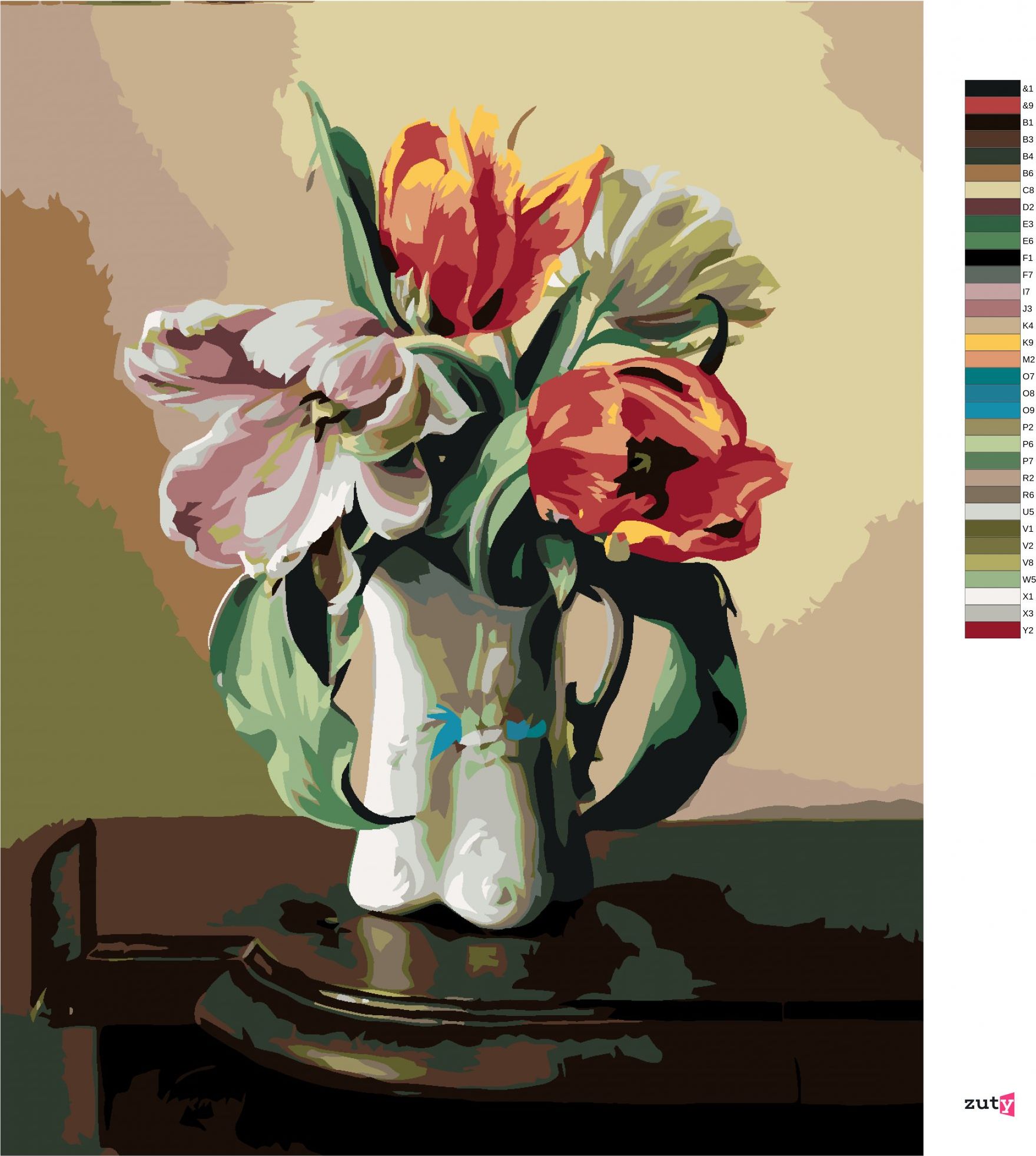 zuty Malování podle čísel - ZÁTIŠÍ TULIPÁNY V PORCELÁNOVÉ VÁZE NA STOLE (PIETER WAGEMANS) - Rozměr: 40x50 cm, Rámování: Varianta: vypnuté plátno na rám - obrázek 8