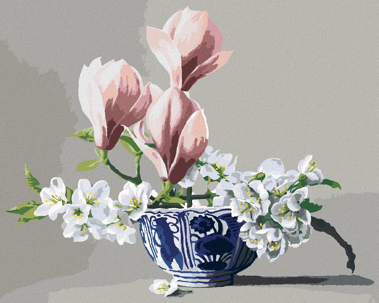 zuty Malování podle čísel - ZÁTIŠÍ KVĚTY JABLONĚ A MAGNOLIE V PORCELÁNOVÉ MÍSE (PIETER WAGEMANS) - Rozměr: 40x50 cm, Rámování: Varianta: bez rámu a bez vypnutí plátna - obrázek 1