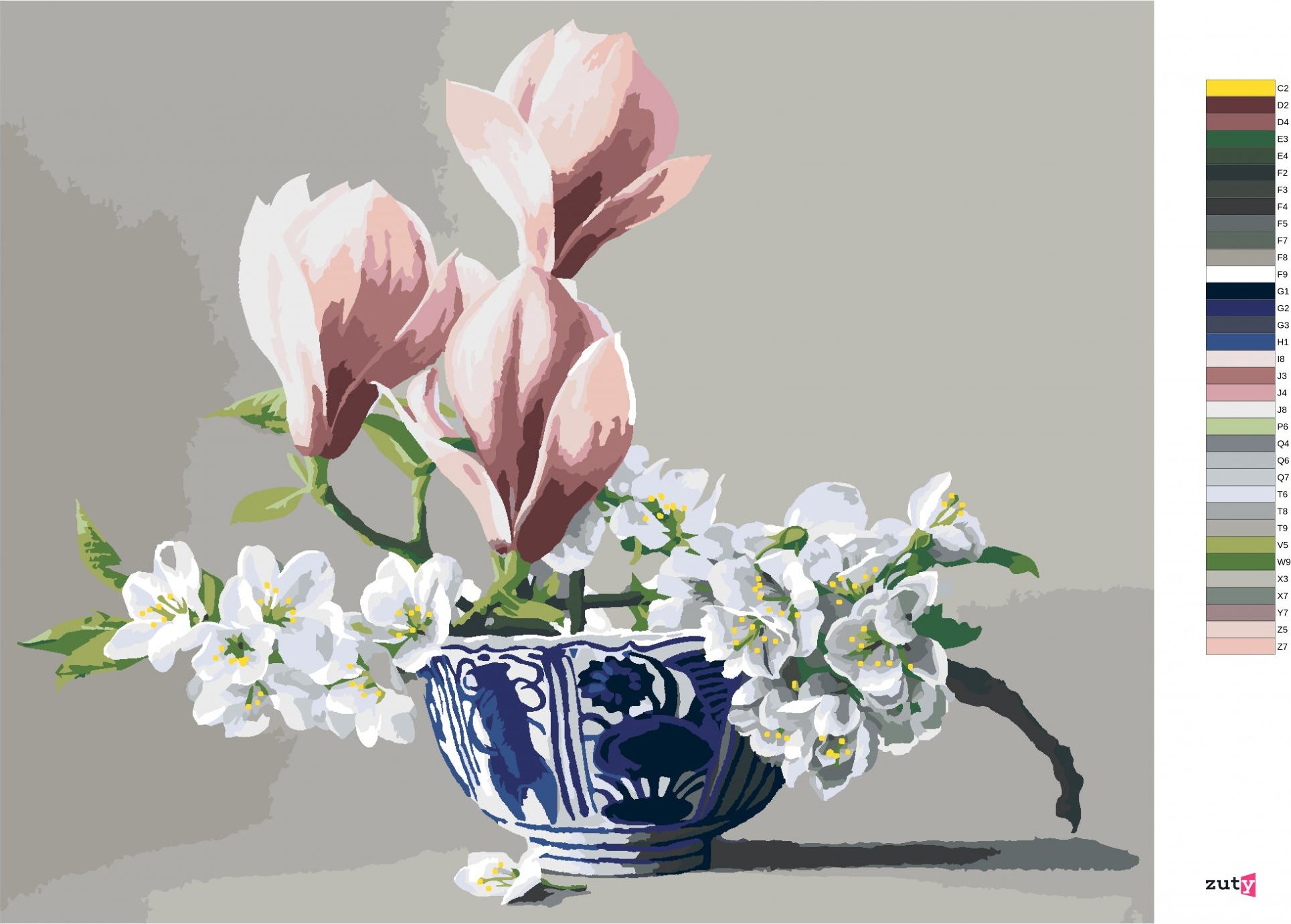 zuty Malování podle čísel - ZÁTIŠÍ KVĚTY JABLONĚ A MAGNOLIE V PORCELÁNOVÉ MÍSE (PIETER WAGEMANS) - Rozměr: 40x50 cm, Rámování: Varianta: bez rámu a bez vypnutí plátna - obrázek 3