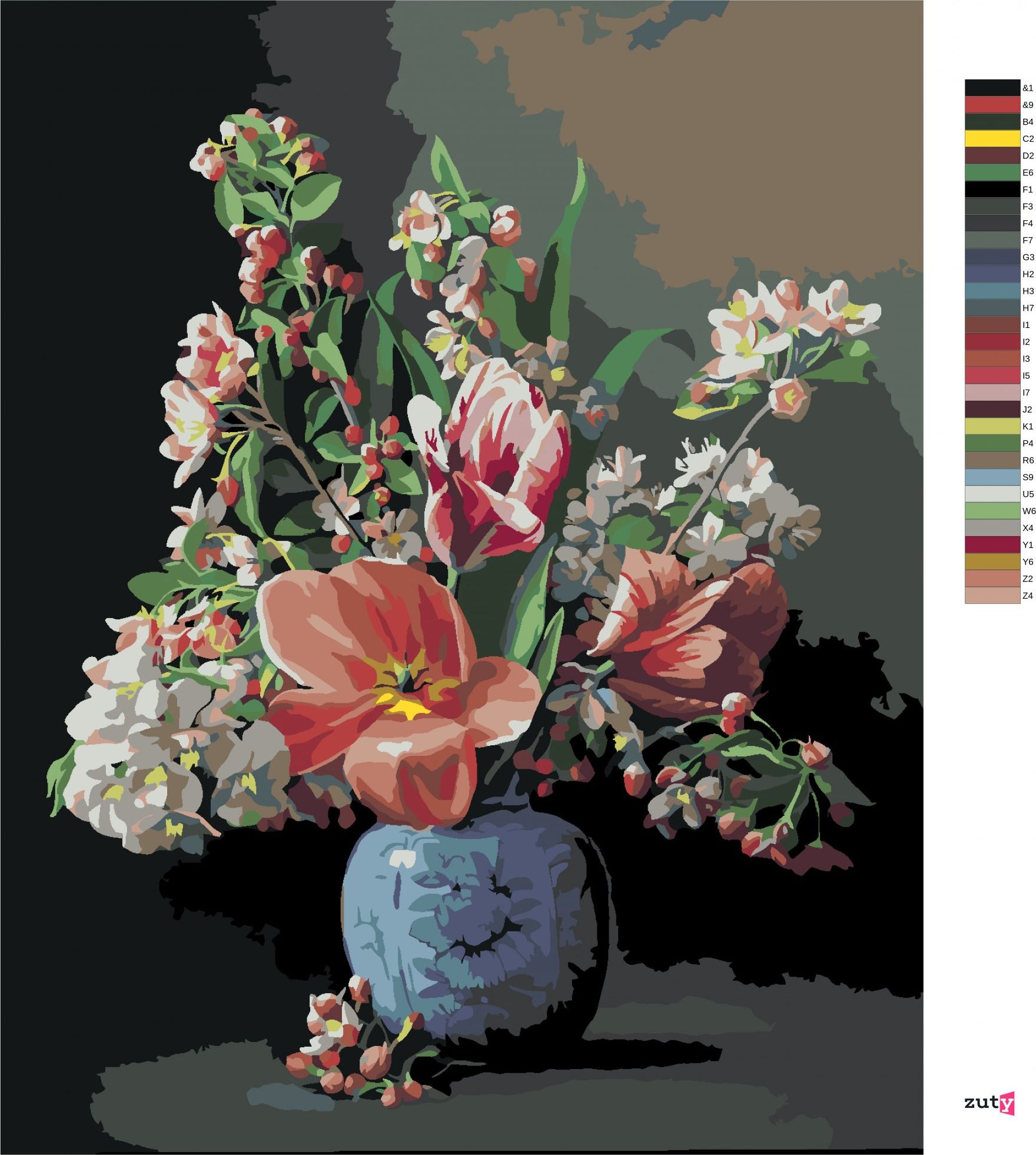 zuty Malování podle čísel - ZÁTIŠÍ KYTICE V PORCELÁNOVÉ VÁZE (PIETER WAGEMANS) - Rozměr: 40x50 cm, Rámování: Varianta: vypnuté plátno na rám - obrázek 4