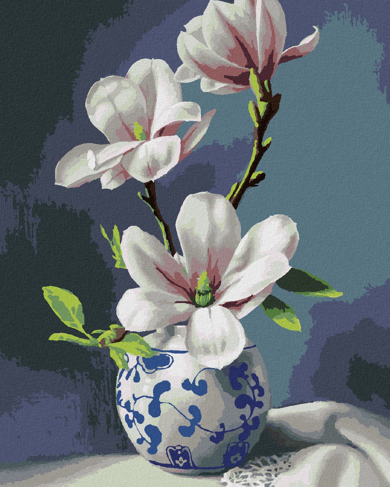 zuty Malování podle čísel - ZÁTIŠÍ MAGNOLIE V BÍLOMODRÉ VÁZE (PIETER WAGEMANS) - Rozměr: 40x50 cm, Rámování: Varianta: vypnuté plátno na rám - obrázek 1