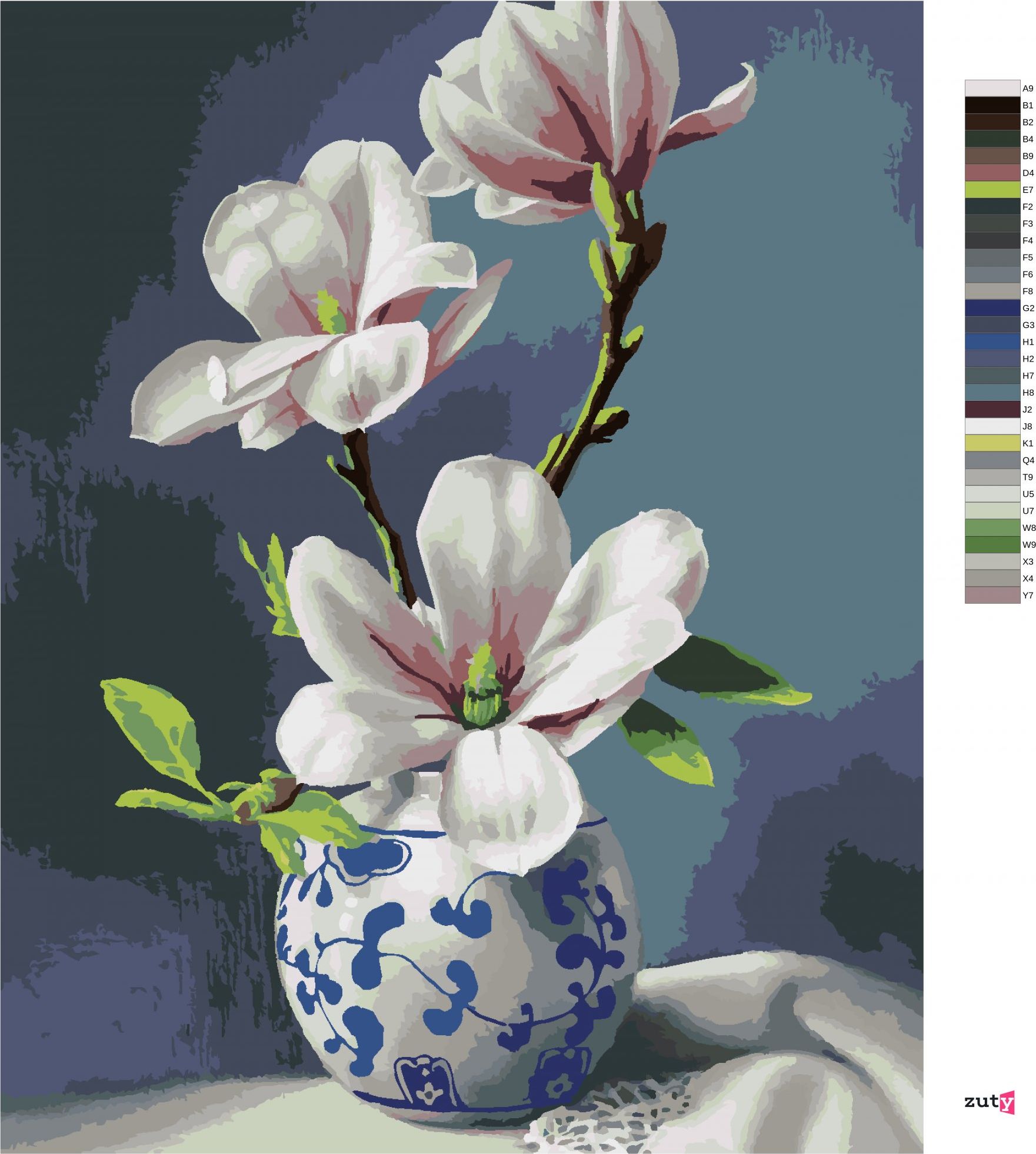 zuty Malování podle čísel - ZÁTIŠÍ MAGNOLIE V BÍLOMODRÉ VÁZE (PIETER WAGEMANS) - Rozměr: 40x50 cm, Rámování: Varianta: vypnuté plátno na rám - obrázek 4