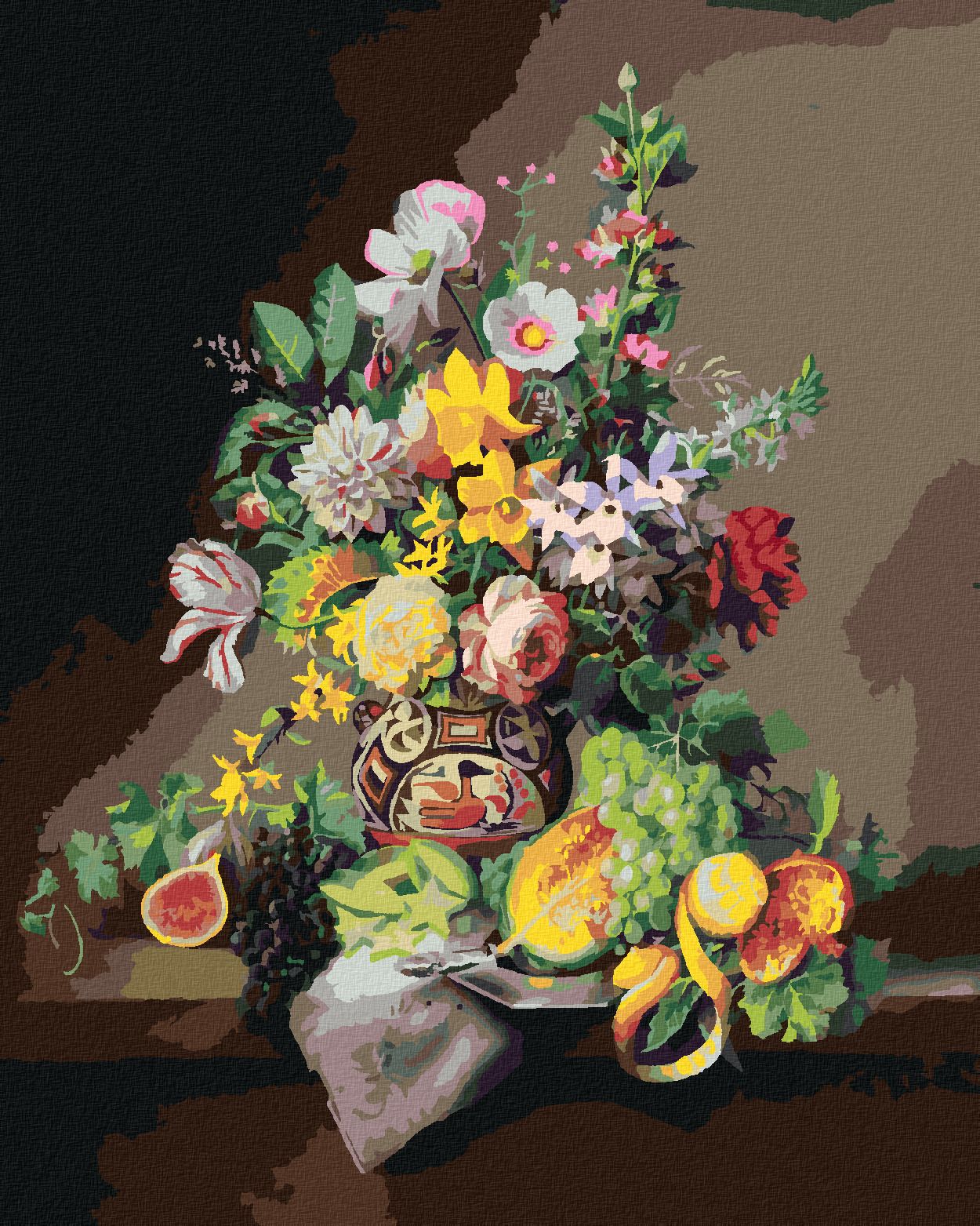 zuty Malování podle čísel - ZÁTIŠÍ KYTICE V MALOVANÉ VÁZE A OVOCE (PIETER WAGEMANS) - Rozměr: 40x50 cm, Rámování: Varianta: vypnuté plátno na rám - obrázek 1