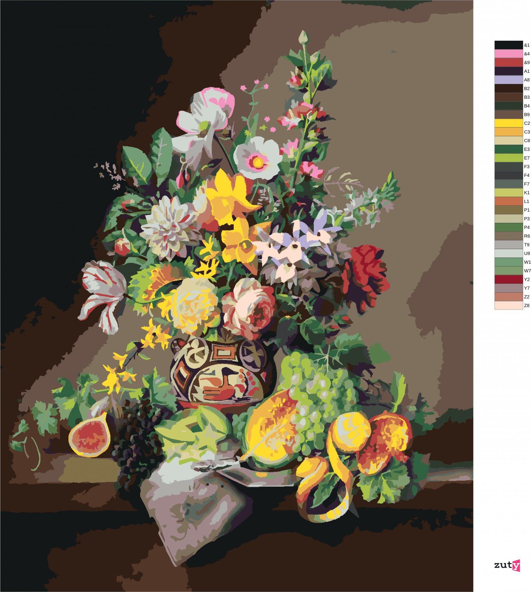 zuty Malování podle čísel - ZÁTIŠÍ KYTICE V MALOVANÉ VÁZE A OVOCE (PIETER WAGEMANS) - Rozměr: 40x50 cm, Rámování: Varianta: vypnuté plátno na rám - obrázek 4