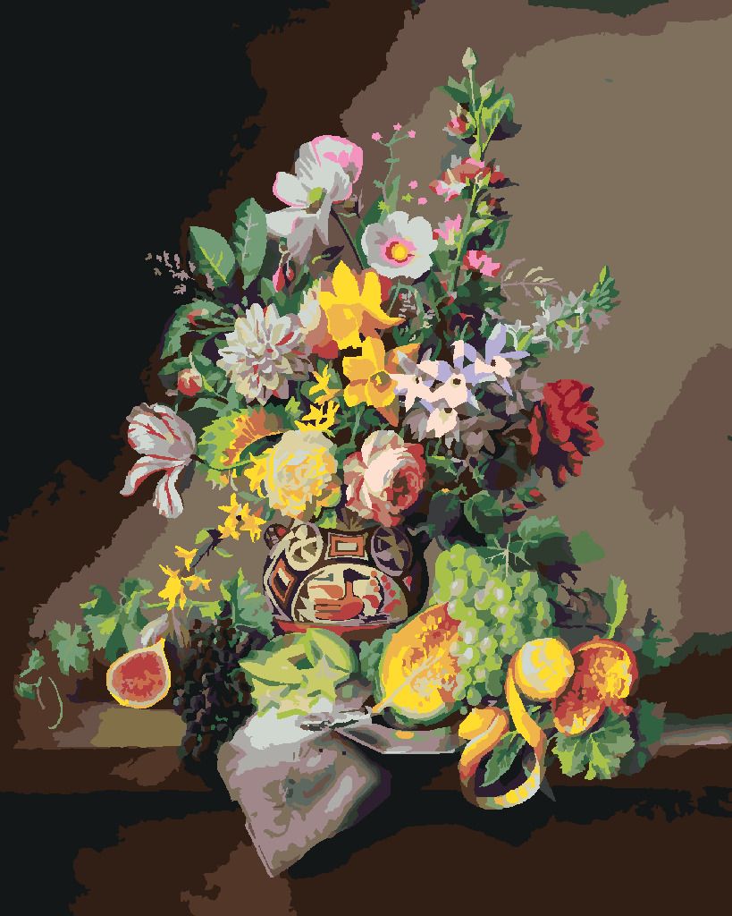 zuty Malování podle čísel - ZÁTIŠÍ KYTICE V MALOVANÉ VÁZE A OVOCE (PIETER WAGEMANS) - Rozměr: 40x50 cm, Rámování: Varianta: vypnuté plátno na rám - obrázek 5