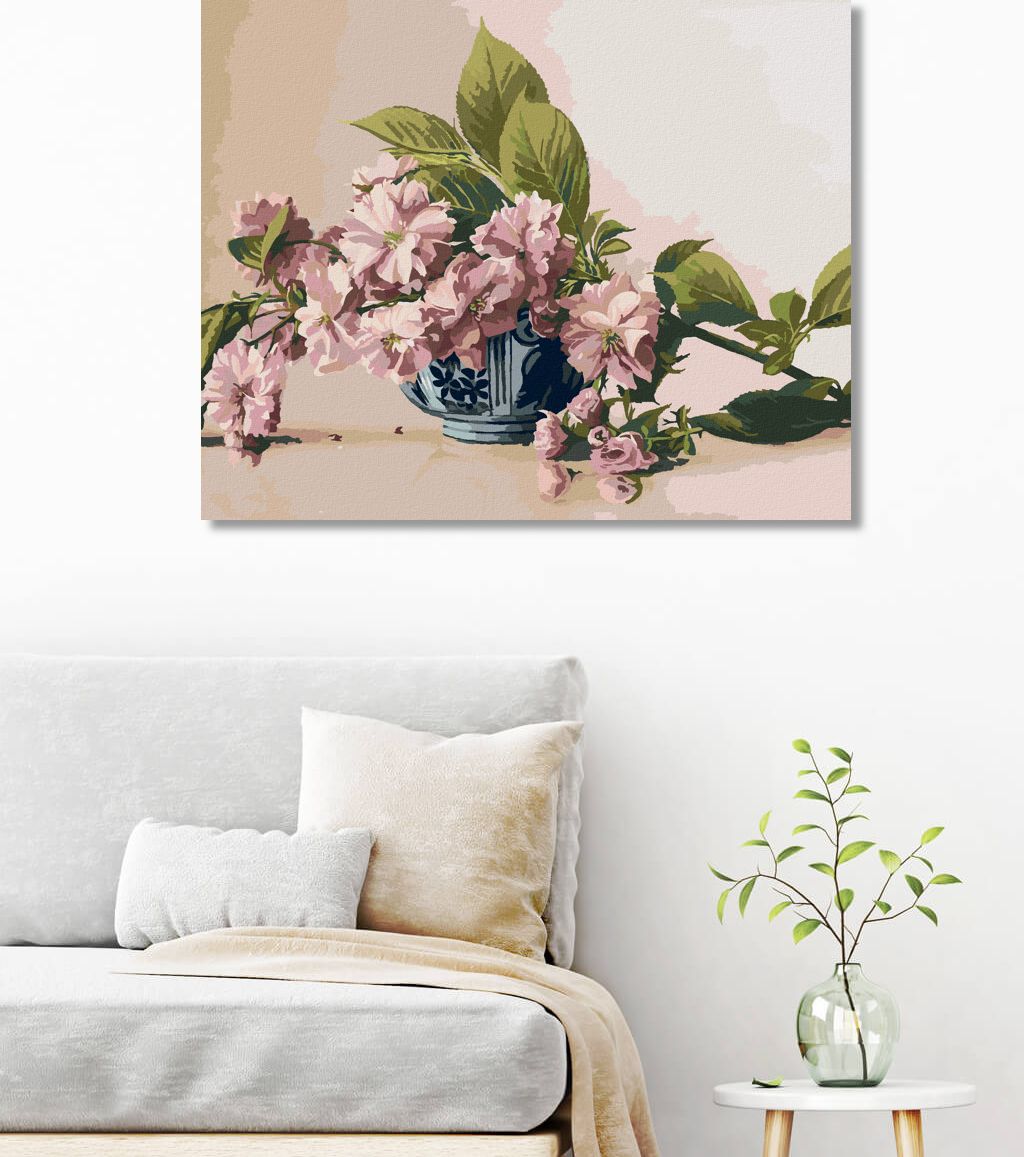 zuty Malování podle čísel - ZÁTIŠÍ VĚTEV KVETOUCÍ SAKURY V PORCELÁNOVÉ MÍSE (PIETER WAGEMANS) - Rozměr: 40x50 cm, Rámování: Varianta: bez rámu a bez vypnutí plátna - obrázek 3