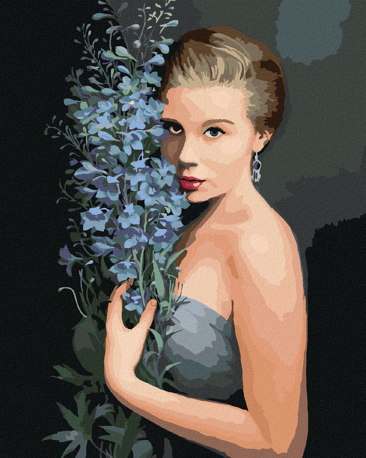 zuty Malování podle čísel - BLONĎATÁ ŽENA A MODRÉ KVĚTINY (PIETER WAGEMANS) - Rozměr: 40x50 cm, Rámování: Varianta: bez rámu a bez vypnutí plátna - obrázek 1