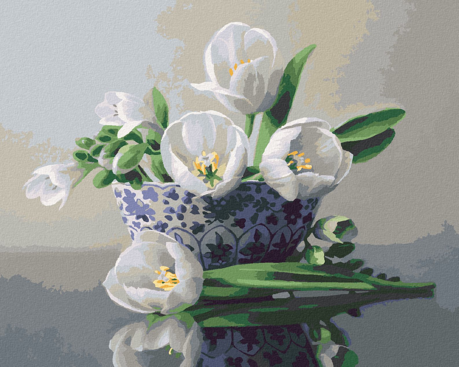 zuty Malování podle čísel - ZÁTIŠÍ BÍLÉ TULIPÁNY V MODROBÍLÉ MÍSE (PIETER WAGEMANS) - Rozměr: 40x50 cm, Rámování: Varianta: vypnuté plátno na rám - obrázek 1