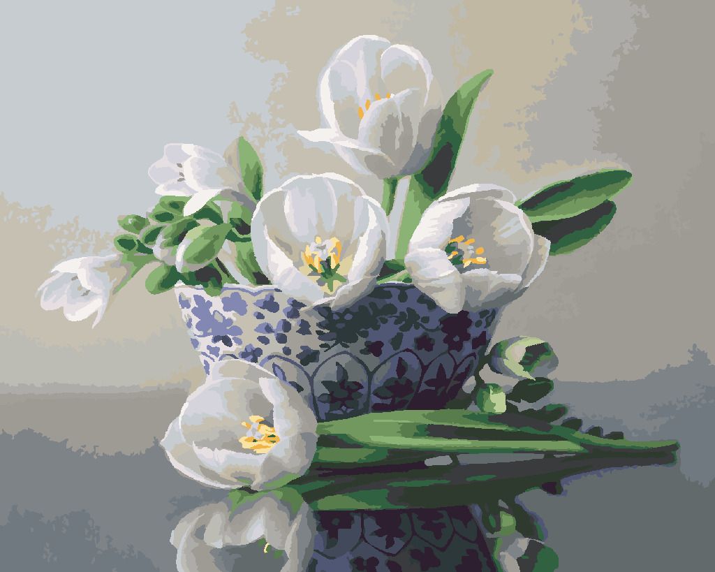 zuty Malování podle čísel - ZÁTIŠÍ BÍLÉ TULIPÁNY V MODROBÍLÉ MÍSE (PIETER WAGEMANS) - Rozměr: 40x50 cm, Rámování: Varianta: vypnuté plátno na rám - obrázek 2