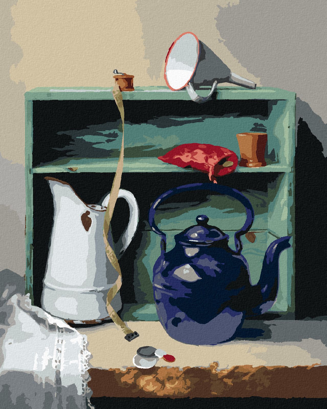 zuty Malování podle čísel - ZÁTIŠÍ KONVICE, KREJČOVSKÝ METR A SKŘÍŇ (PIETER WAGEMANS) - Rozměr: 40x50 cm, Rámování: Varianta: bez rámu a bez vypnutí plátna - obrázek 1