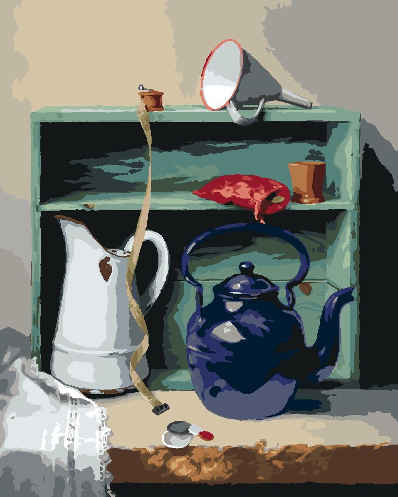 zuty Malování podle čísel - ZÁTIŠÍ KONVICE, KREJČOVSKÝ METR A SKŘÍŇ (PIETER WAGEMANS) - Rozměr: 40x50 cm, Rámování: Varianta: vypnuté plátno na rám - obrázek 7