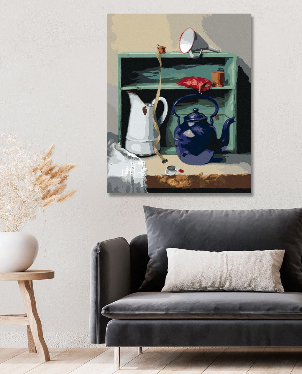zuty Malování podle čísel - ZÁTIŠÍ KONVICE, KREJČOVSKÝ METR A SKŘÍŇ (PIETER WAGEMANS) - Rozměr: 40x50 cm, Rámování: Varianta: vypnuté plátno na rám - obrázek 9