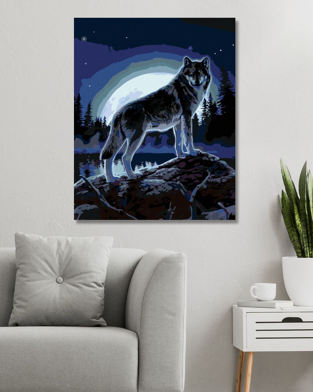 zuty Malování podle čísel - VLK NA PAŘEZU U JEZERA A ÚPLNĚK (AL AGNEW) - Rozměr: 40x50 cm, Rámování: Varianta: vypnuté plátno na rám - obrázek 2