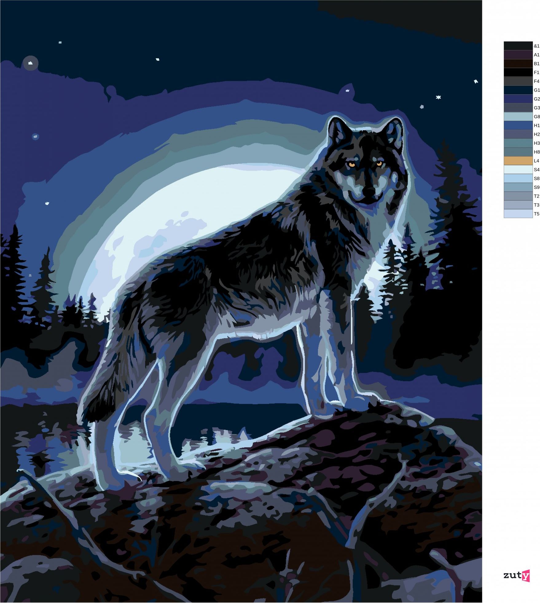 zuty Malování podle čísel - VLK NA PAŘEZU U JEZERA A ÚPLNĚK (AL AGNEW) - Rozměr: 40x50 cm, Rámování: Varianta: vypnuté plátno na rám - obrázek 8