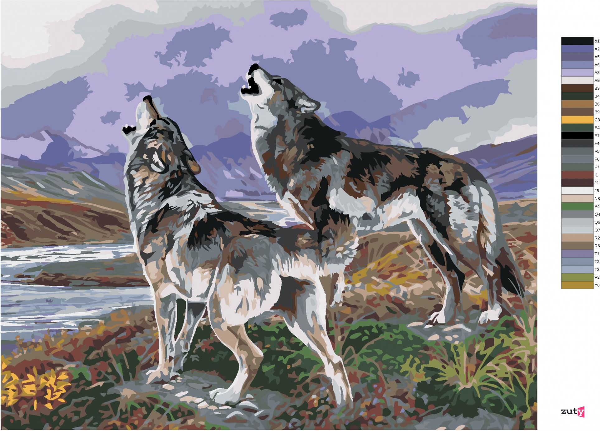 zuty Malování podle čísel - VYJÍCÍ VLCI U ŘEKY A HORY (AL AGNEW) - Rozměr: 40x50 cm, Rámování: Varianta: bez rámu a bez vypnutí plátna - obrázek 4