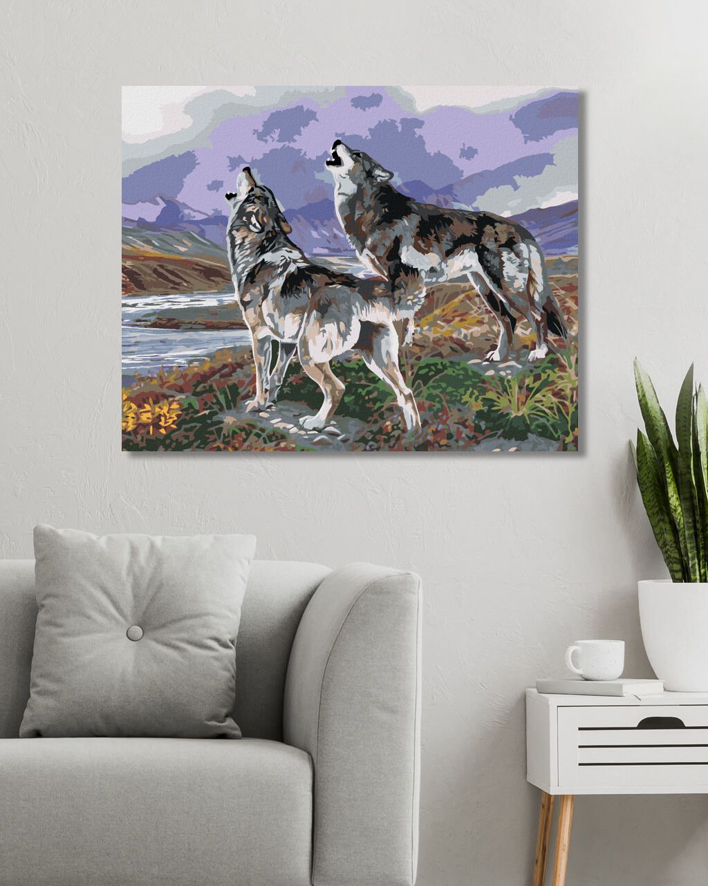zuty Malování podle čísel - VYJÍCÍ VLCI U ŘEKY A HORY (AL AGNEW) - Rozměr: 40x50 cm, Rámování: Varianta: vypnuté plátno na rám - obrázek 6