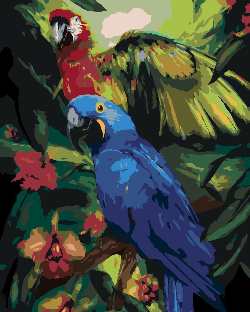 zuty Malování podle čísel - PAPOUŠEK ARA HYACINTOVÝ A HARLEKÝN V PRALESE (CAROL CAVALARIS) - Rozměr: 40x50 cm, Rámování: Varianta: vypnuté plátno na rám - obrázek 3
