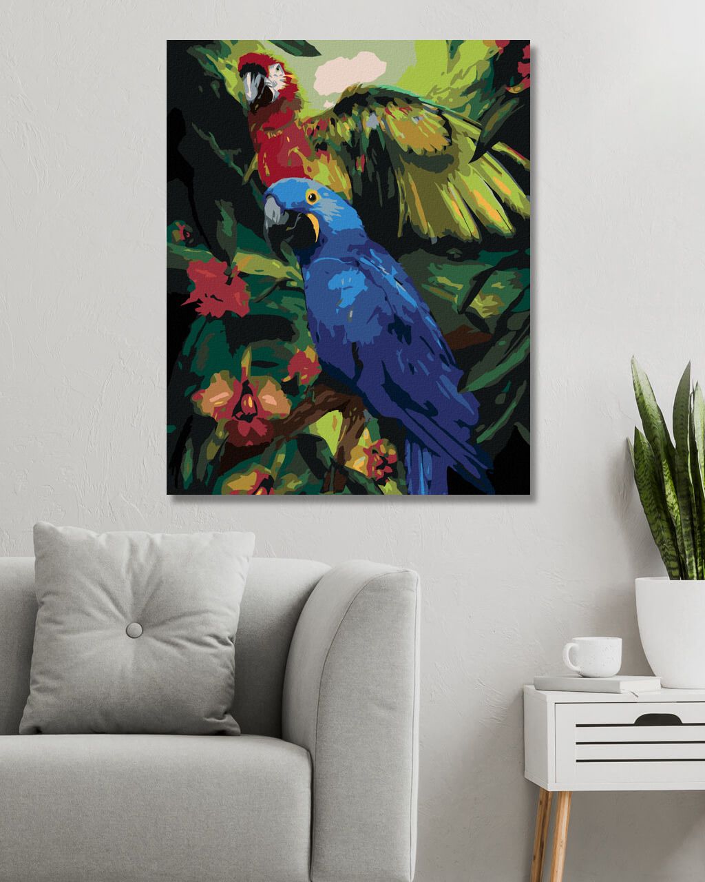 zuty Malování podle čísel - PAPOUŠEK ARA HYACINTOVÝ A HARLEKÝN V PRALESE (CAROL CAVALARIS) - Rozměr: 40x50 cm, Rámování: Varianta: vypnuté plátno na rám - obrázek 6