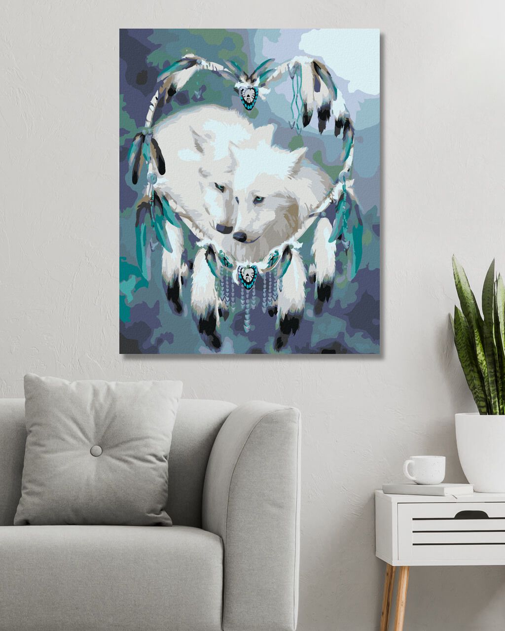 zuty Malování podle čísel – VLK A LAPAČ SNŮ VE TVARU SRDCE (CAROL CAVALARIS) - Rozměr: 40x50 cm, Rámování: Varianta: bez rámu a bez vypnutí plátna - obrázek 6