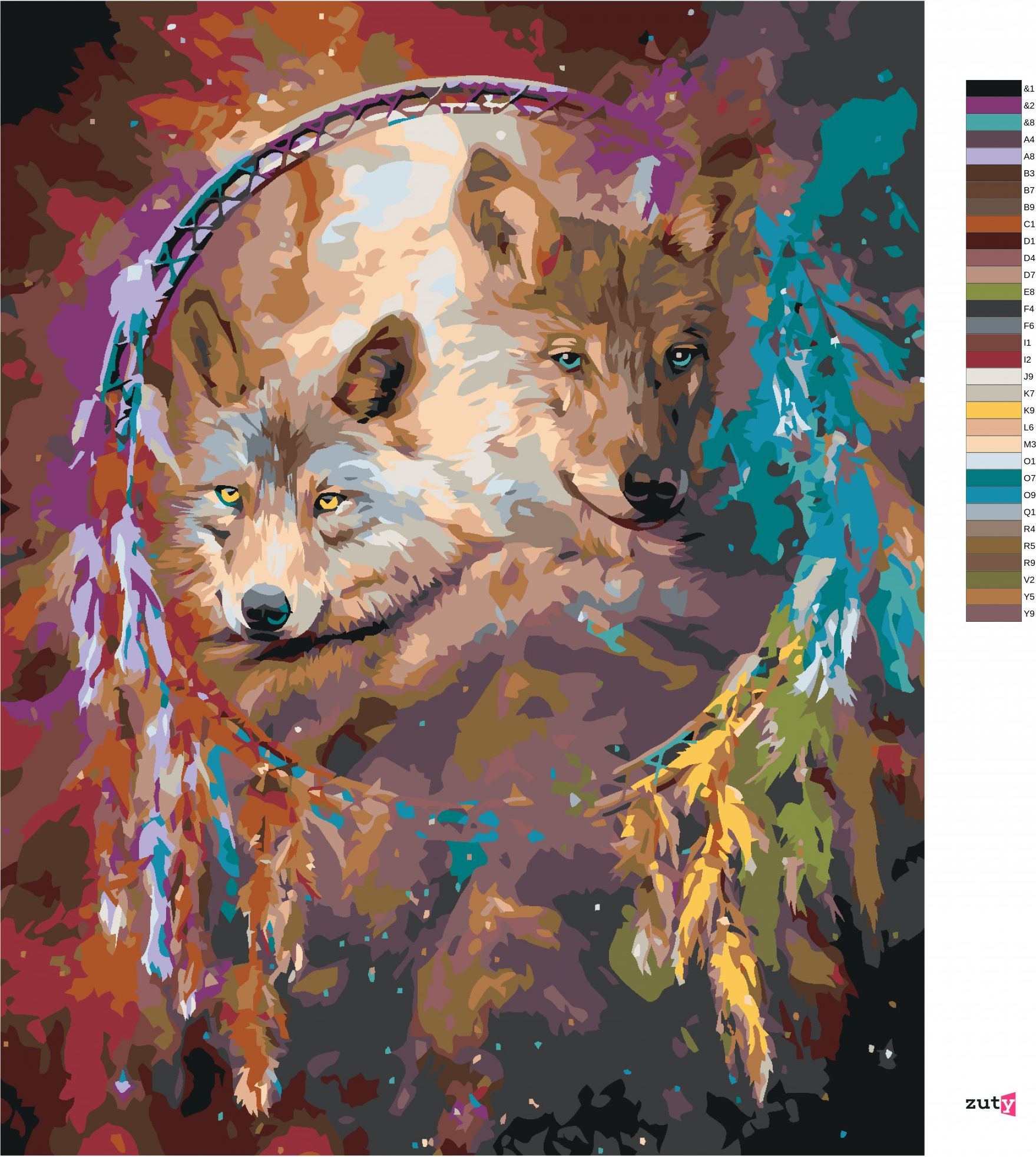 zuty Malování podle čísel – VLK A DUHOVÝ LAPAČ SNŮ (CAROL CAVALARIS) - Rozměr: 40x50 cm, Rámování: Varianta: vypnuté plátno na rám - obrázek 6