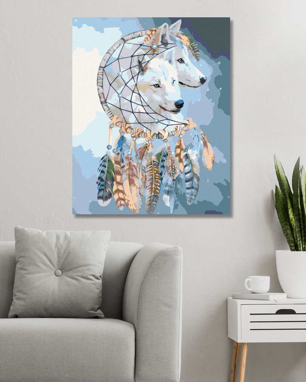 zuty Malování podle čísel – BÍLÝ VLK A LAPAČ SNŮ VE TVARU MĚSÍCE (CAROL CAVALARIS) - Rozměr: 40x50 cm, Rámování: Varianta: vypnuté plátno na rám - obrázek 10