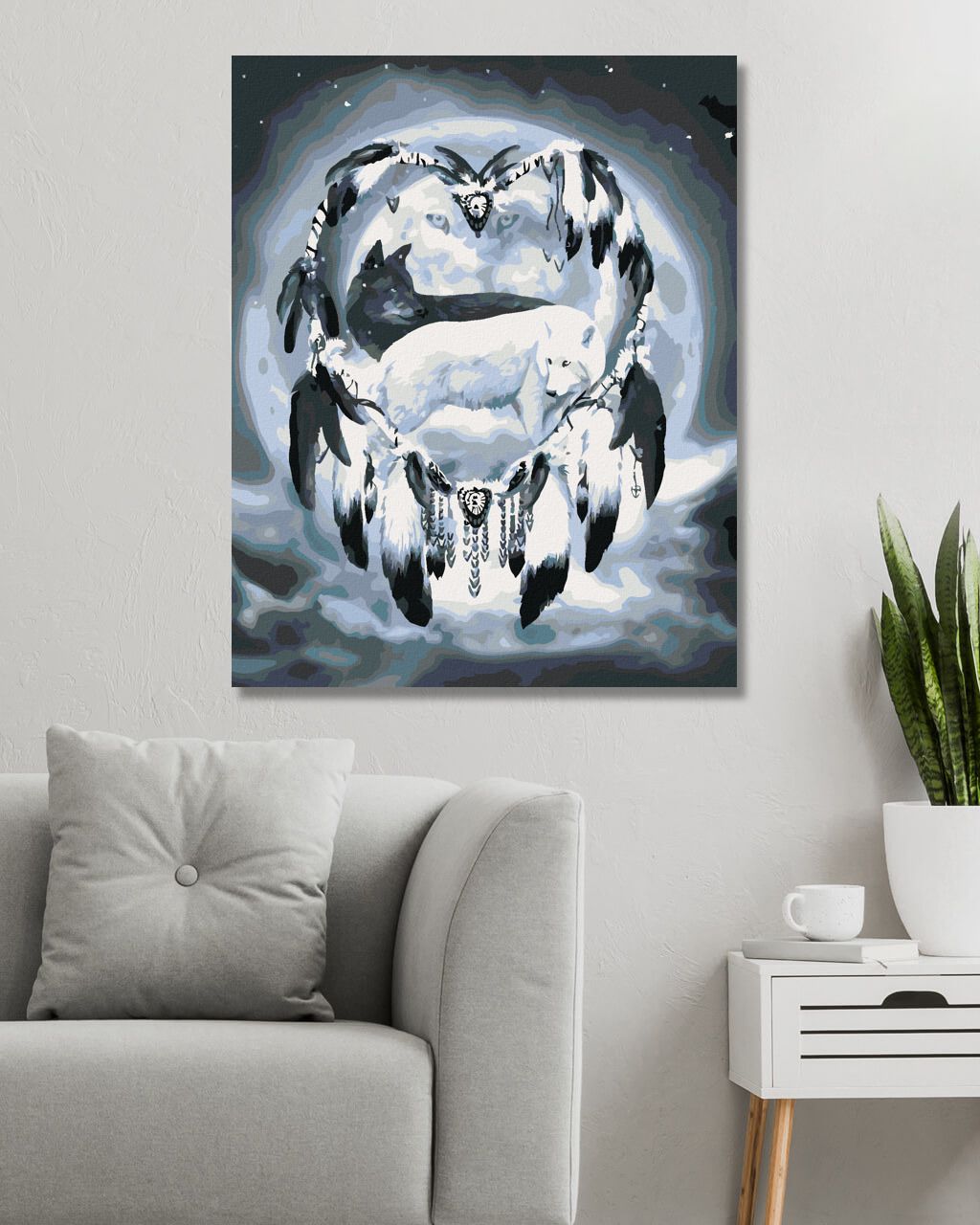zuty Malování podle čísel – VLK A LAPAČ SNŮ VE TVARU SRDCE III (CAROL CAVALARIS) - Rozměr: 40x50 cm, Rámování: Varianta: vypnuté plátno na rám - obrázek 8