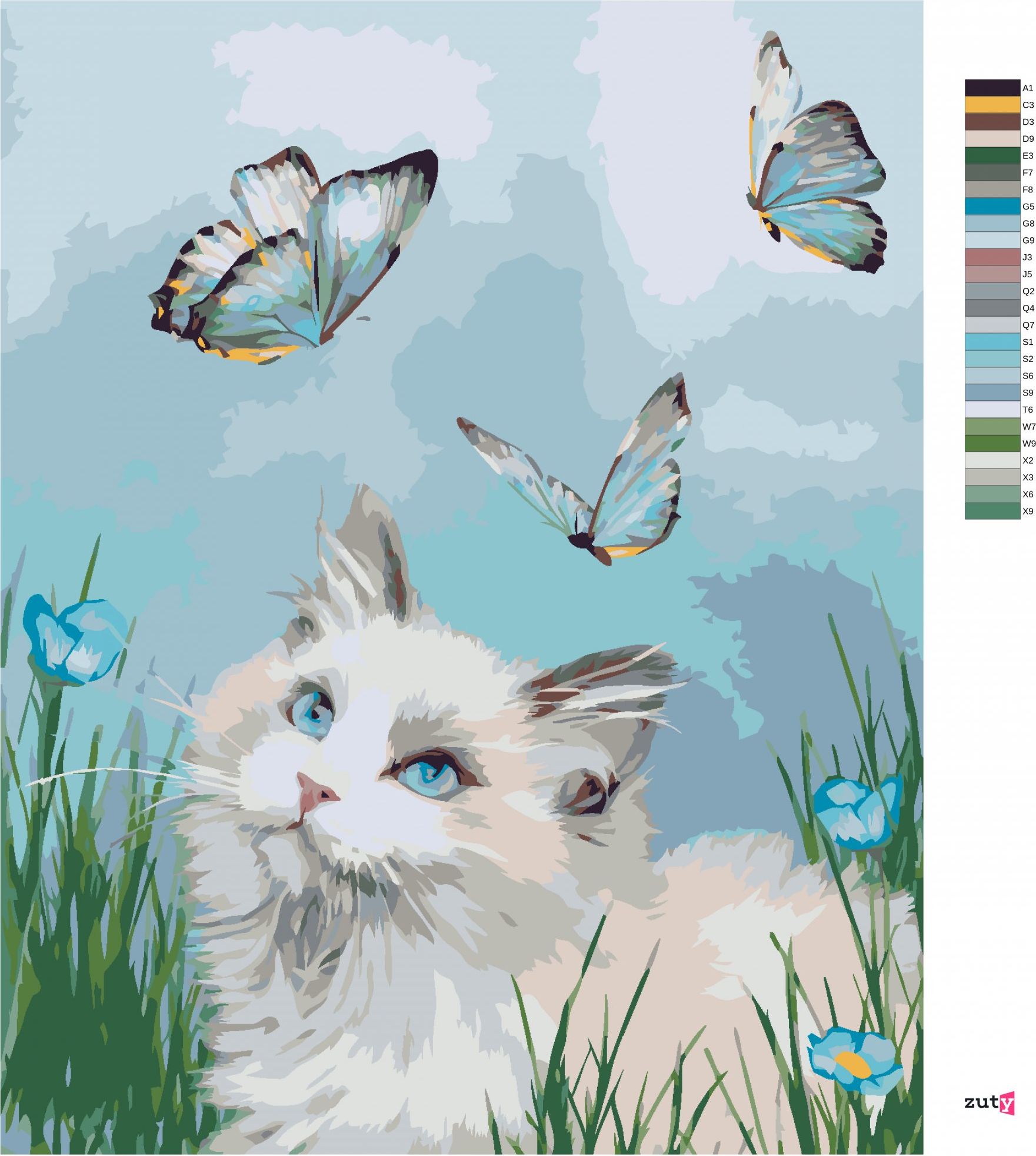 zuty Malování podle čísel – KOČKA A MOTÝLI (CAROL CAVALARIS) - Rozměr: 40x50 cm, Rámování: Varianta: bez rámu a bez vypnutí plátna - obrázek 2