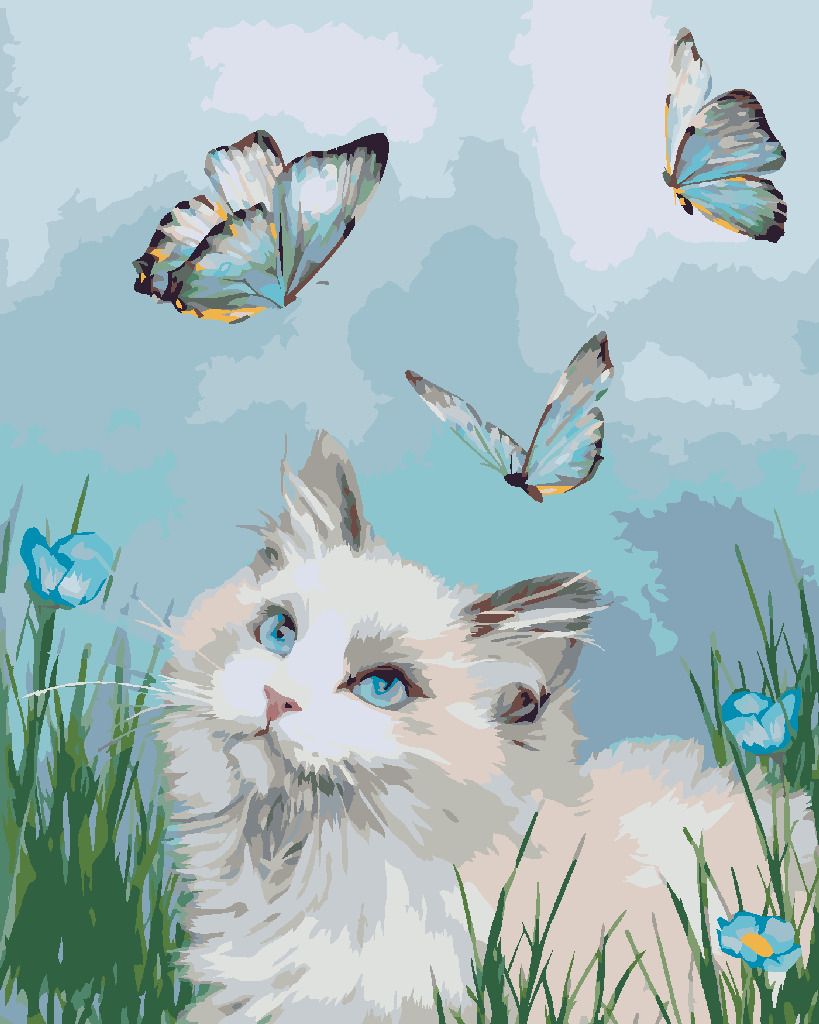 zuty Malování podle čísel – KOČKA A MOTÝLI (CAROL CAVALARIS) - Rozměr: 40x50 cm, Rámování: Varianta: bez rámu a bez vypnutí plátna - obrázek 3